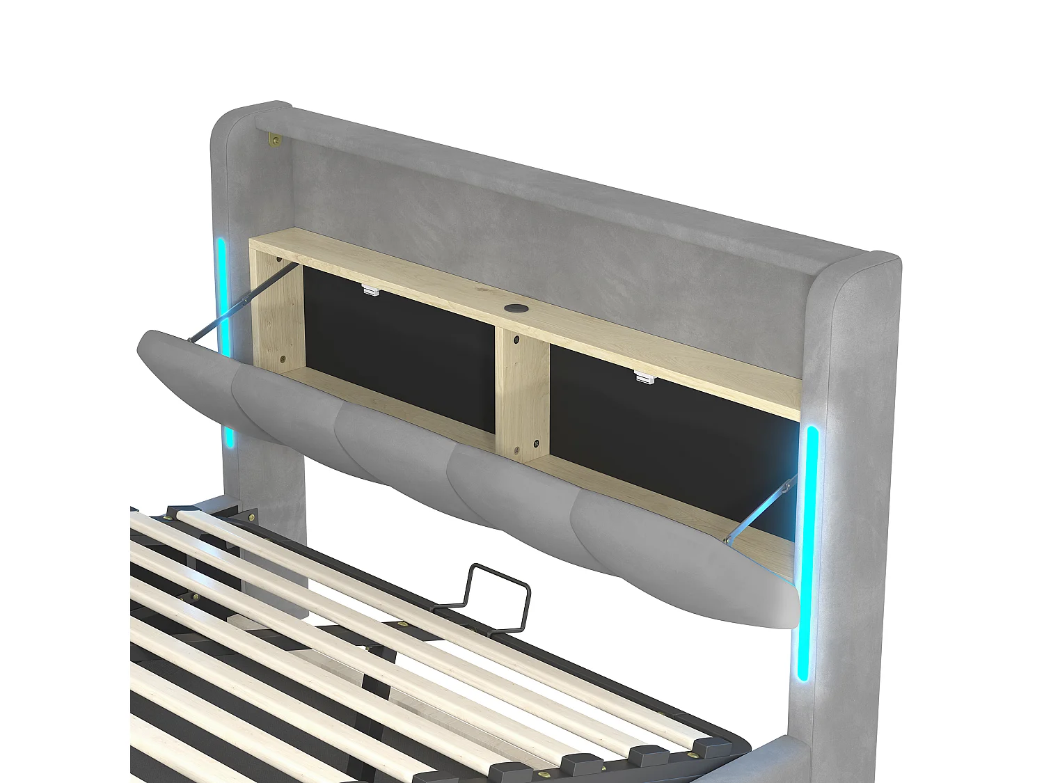 Lit rembourré pour adulte 140 x 200 cm, éclairage LED, tête de lit avec rangement, ports USB et Type-C, en velours,gris