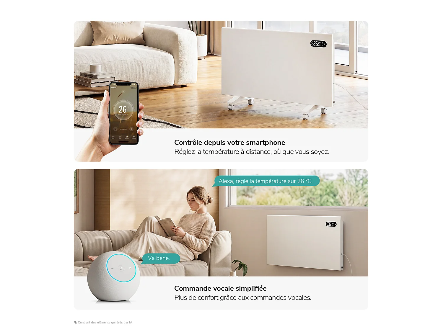 EMKE Radiateur électrique 2000W WiFi, Écran tactile LED, Programmation 7 jours, Alexa et Google Home, Mural ou sur pied