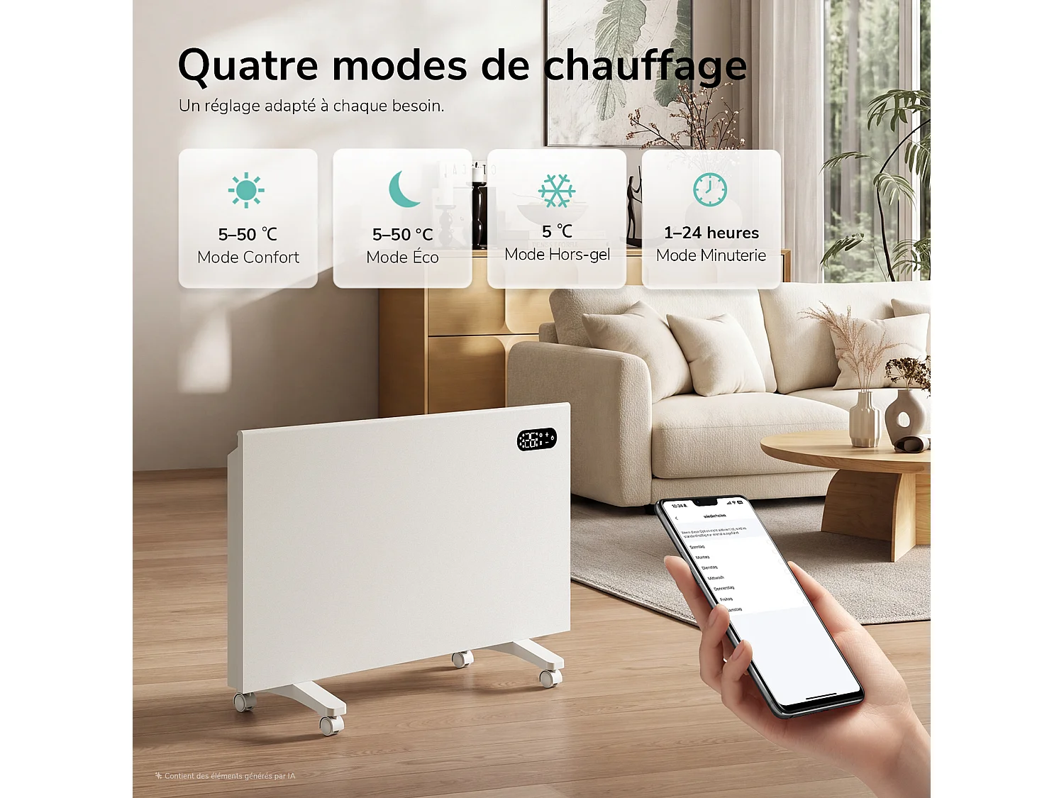 EMKE Radiateur électrique 2000W WiFi, Écran tactile LED, Programmation 7 jours, Alexa et Google Home, Mural ou sur pied