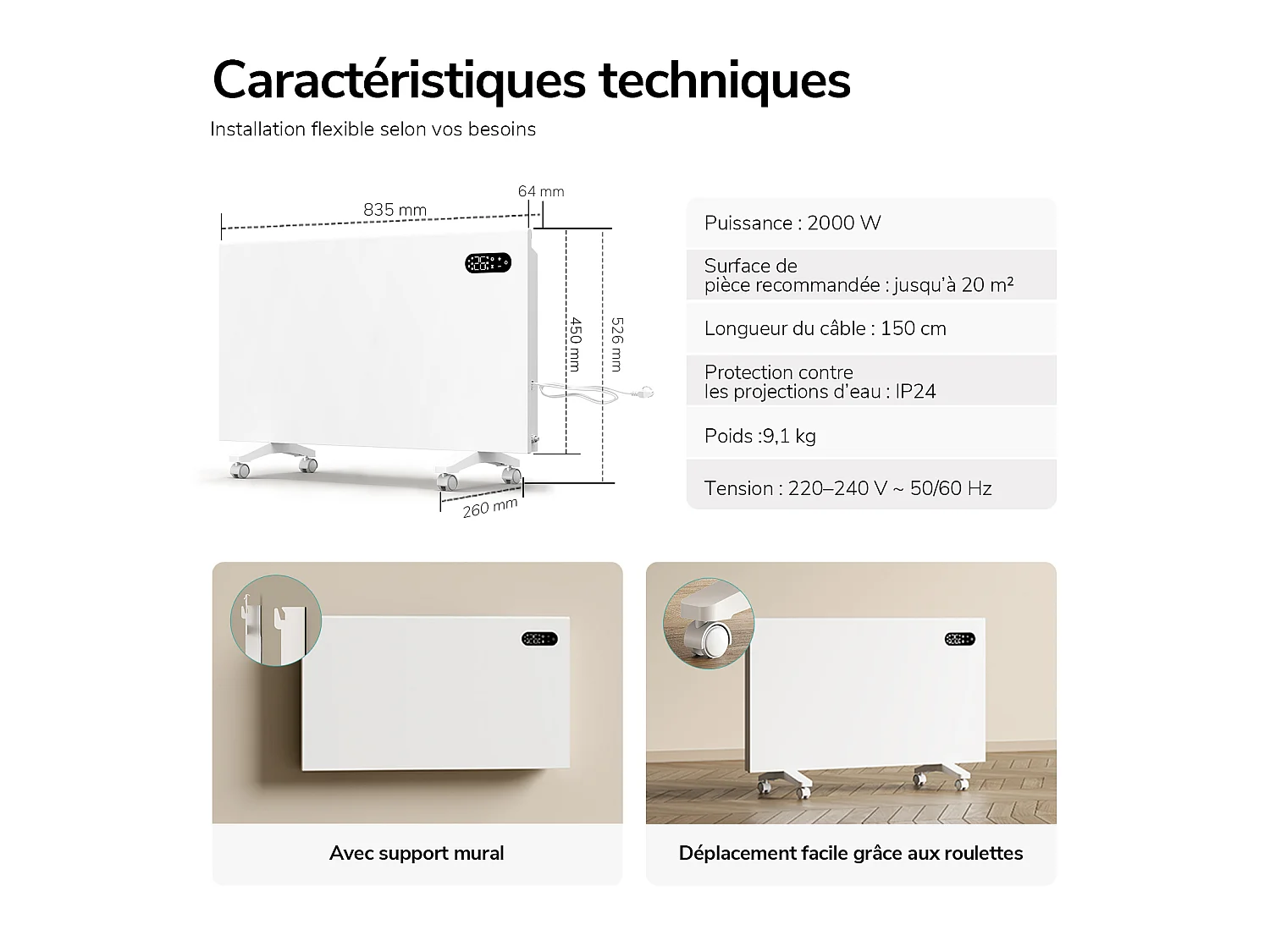 EMKE Radiateur électrique 2000W WiFi, Écran tactile LED, Programmation 7 jours, Alexa et Google Home, Mural ou sur pied