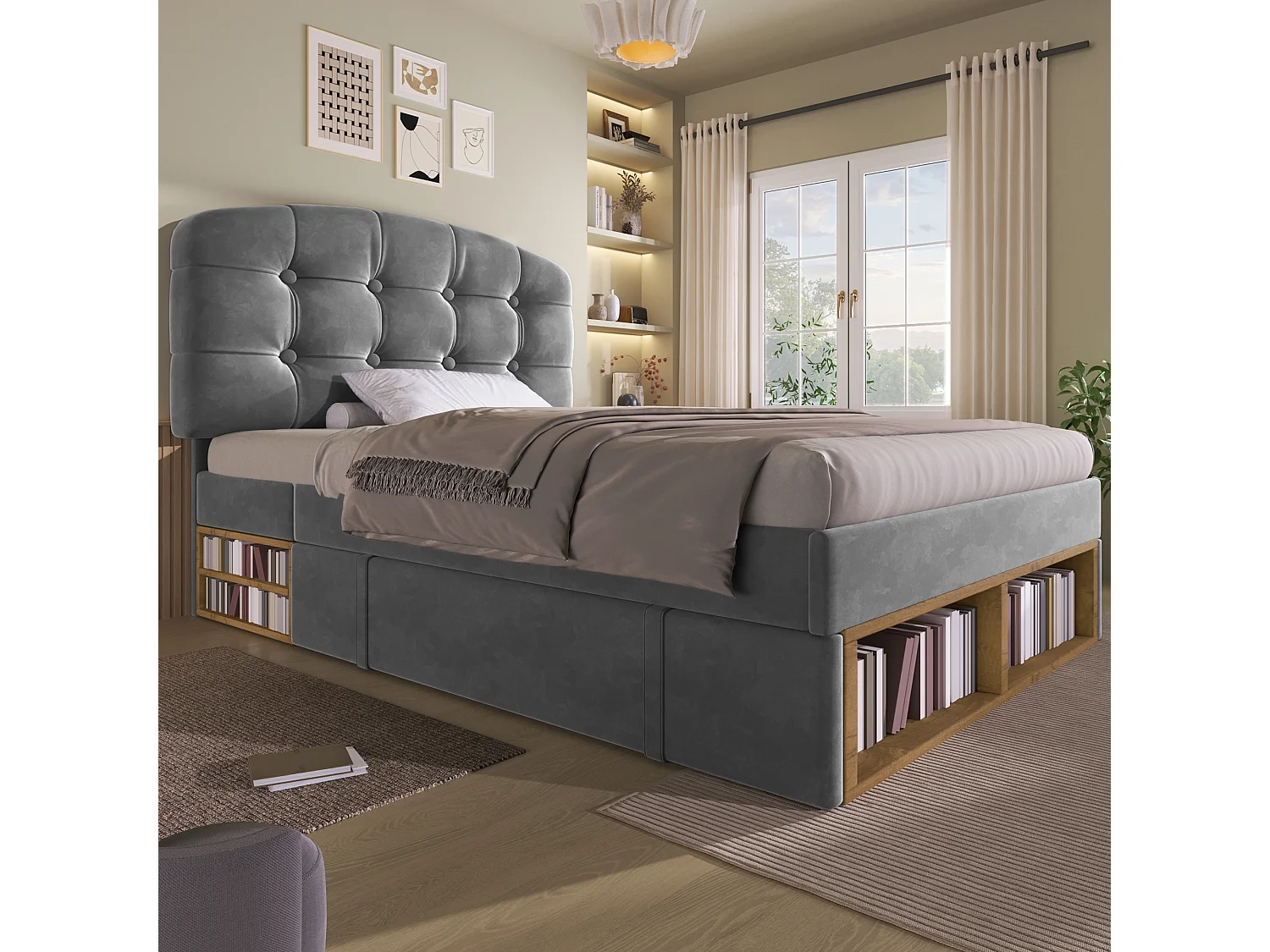 Lit simple pour enfant, avec tête de lit incurvée à hauteur réglable, tiroirs et espaces de rangement, en velours, gris - 90 x 200 cm