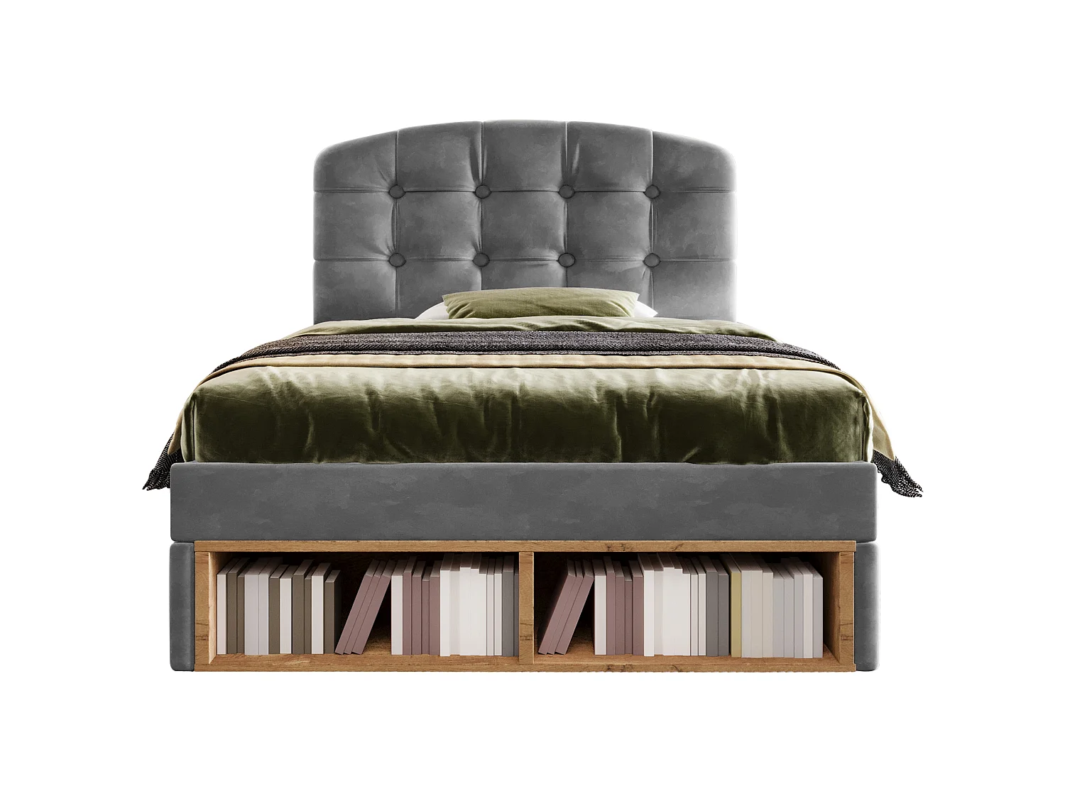 Lit simple pour enfant, avec tête de lit incurvée à hauteur réglable, tiroirs et espaces de rangement, en velours, gris - 90 x 200 cm