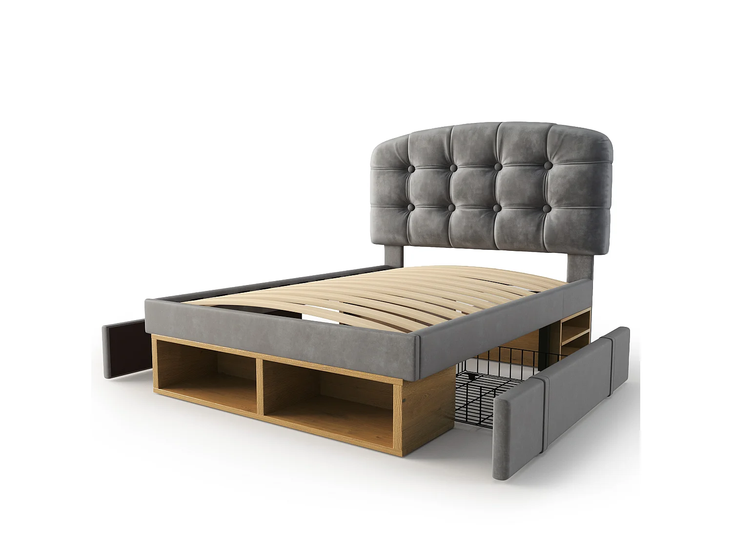 Lit simple pour enfant, avec tête de lit incurvée à hauteur réglable, tiroirs et espaces de rangement, en velours, gris - 90 x 200 cm