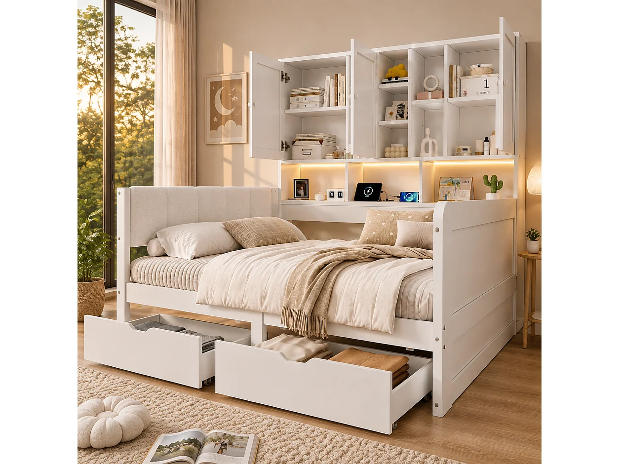Lit d'enfant, équipé d'un éclairage LED, d'un port USB et d'un tiroir, d'étagères et d'une armoire, blanc - 90 x 200