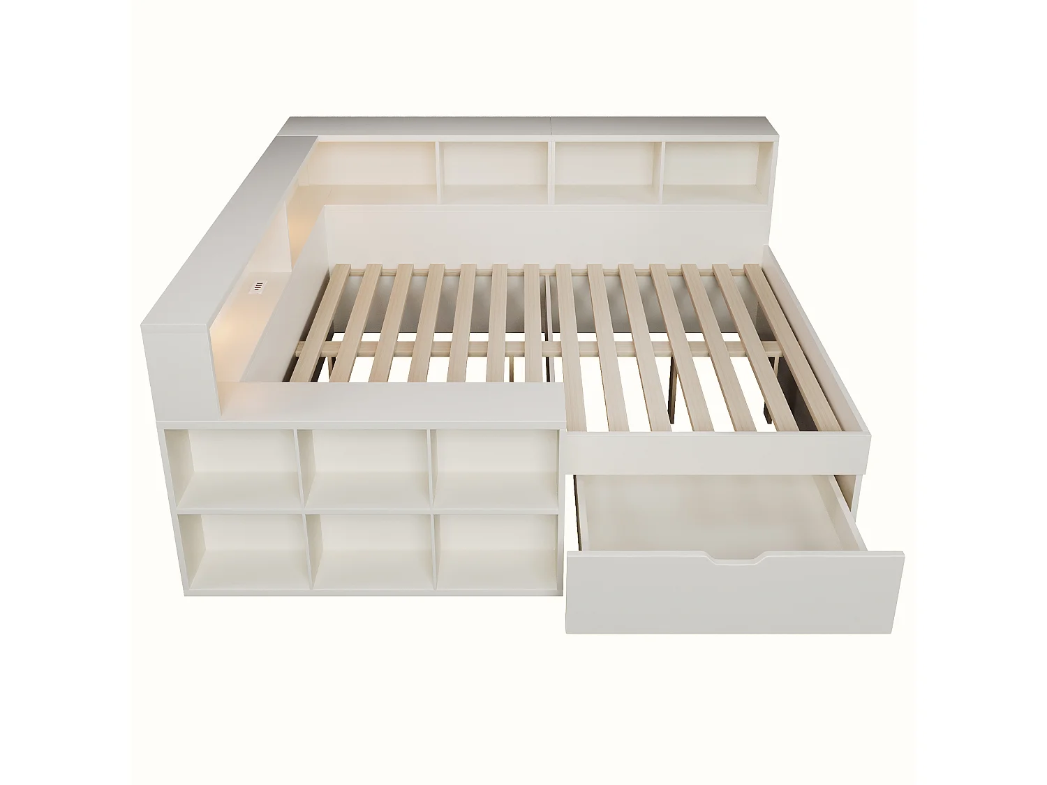 Volwassenenbed, met leeslamp, voorzien van een USB Type-C-oplaadpoort, een lade en een open plank, wit – 140 x 190 cm