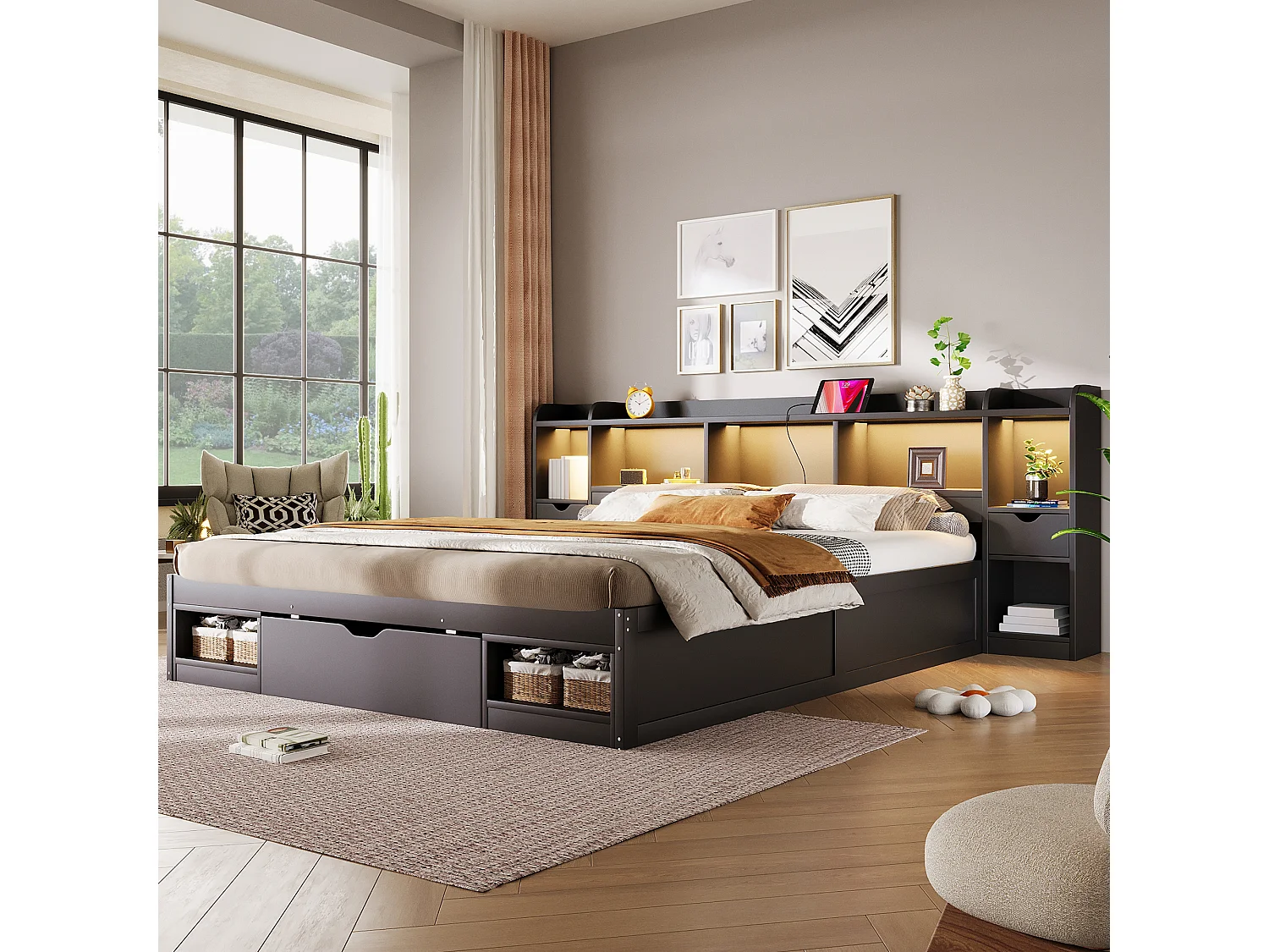 Lit adulte 180 x 200 cm, avec 3 tiroirs, plusieurs compartiments de rangement, une bande lumineuse LED et des ports USB, noir