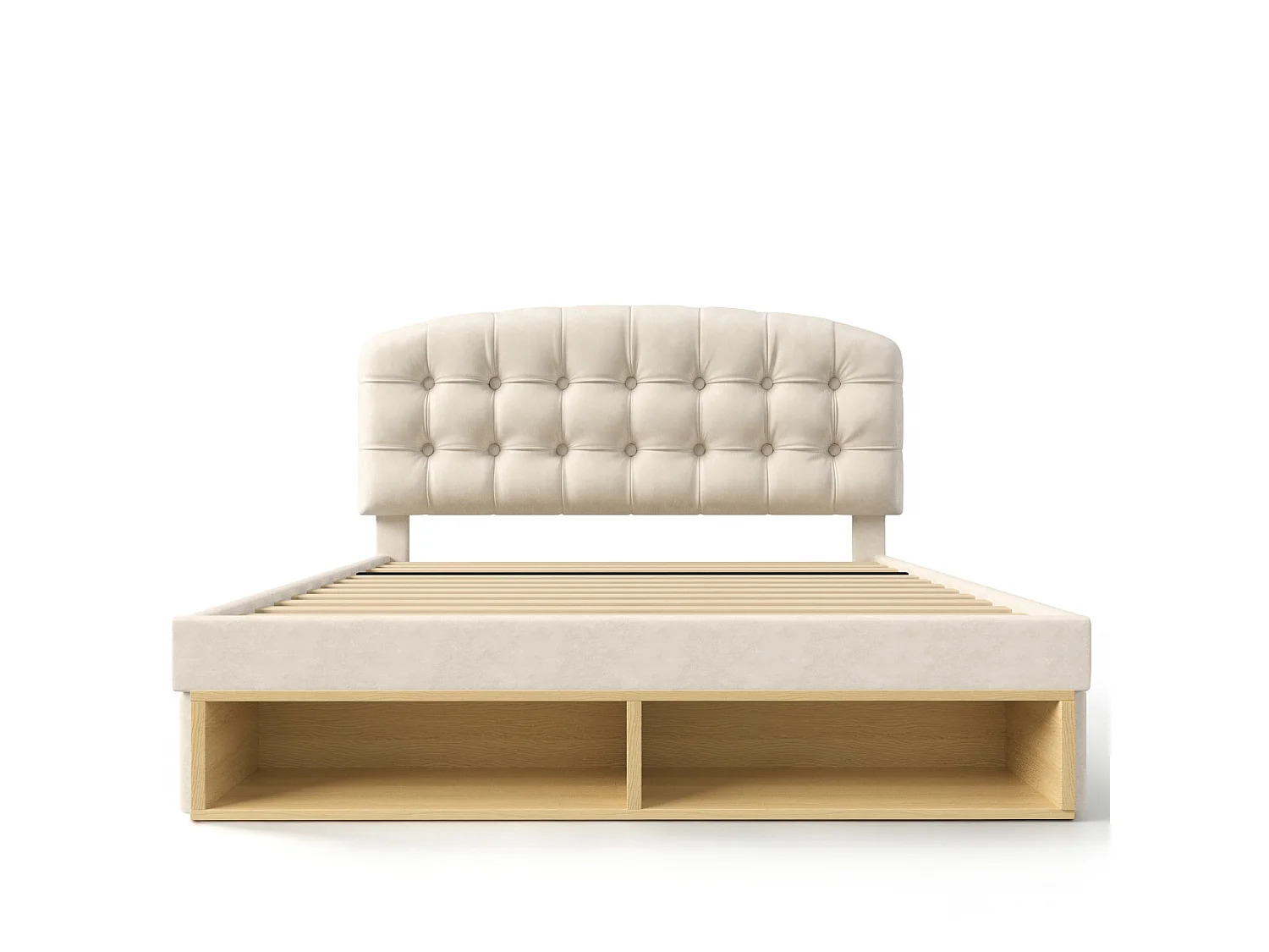 Lit double pour adultes, avec tête de lit incurvée à hauteur réglable, tiroirs et espaces de rangement, en velours, beige - 140 x 190 cm