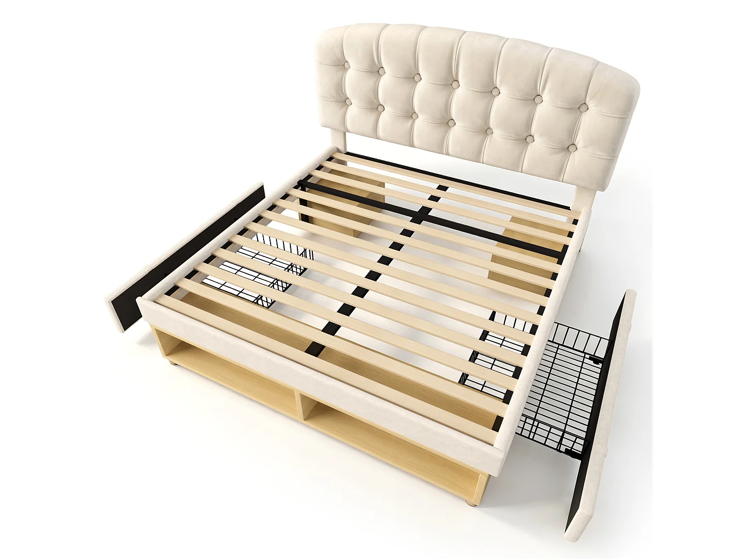 Lit double pour adultes, avec tête de lit incurvée à hauteur réglable, tiroirs et espaces de rangement, en velours, beige - 140 x 200 cm