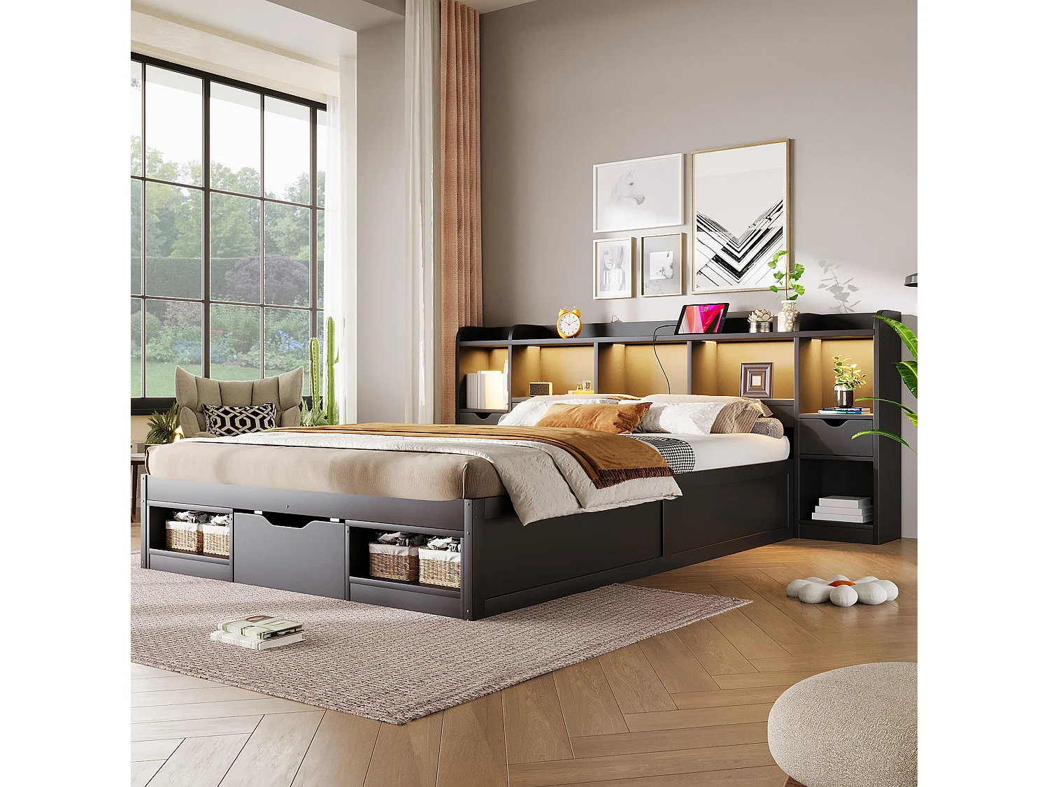 Lit adulte 140 x 200 cm, avec 3 tiroirs, plusieurs compartiments de rangement, une bande lumineuse LED et des ports USB, noir