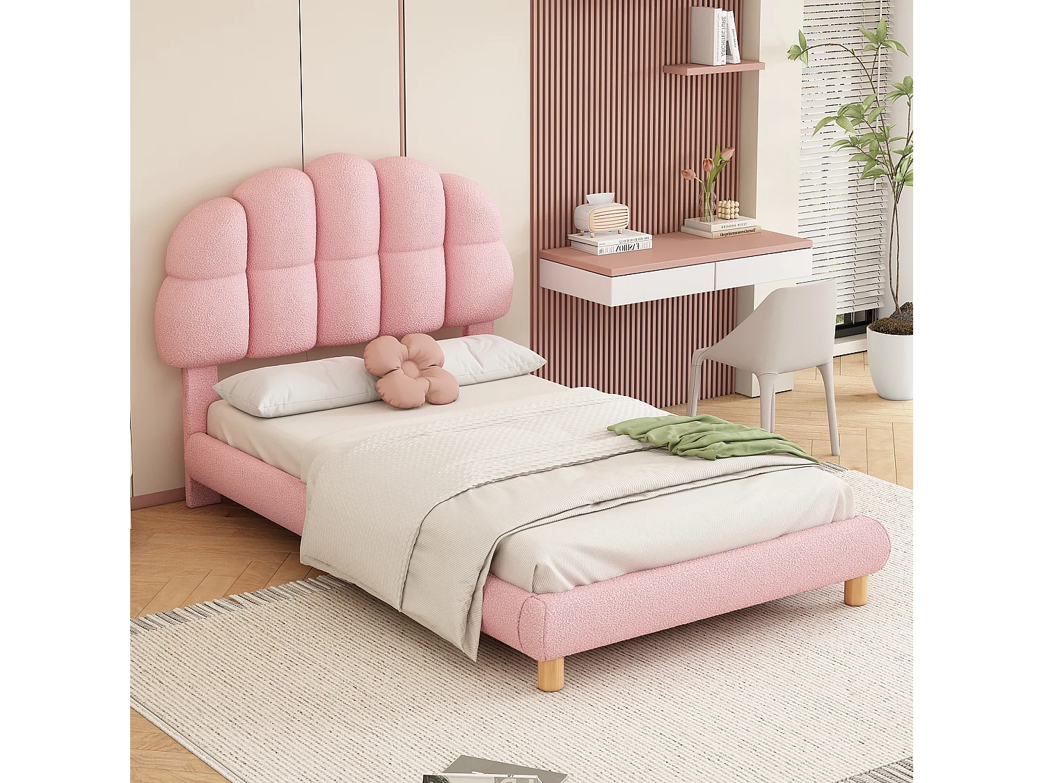 Lit simple pour enfant 90 x 200 cm, lit rembourré, sommier en bois, revêtement imitation feutre, rose