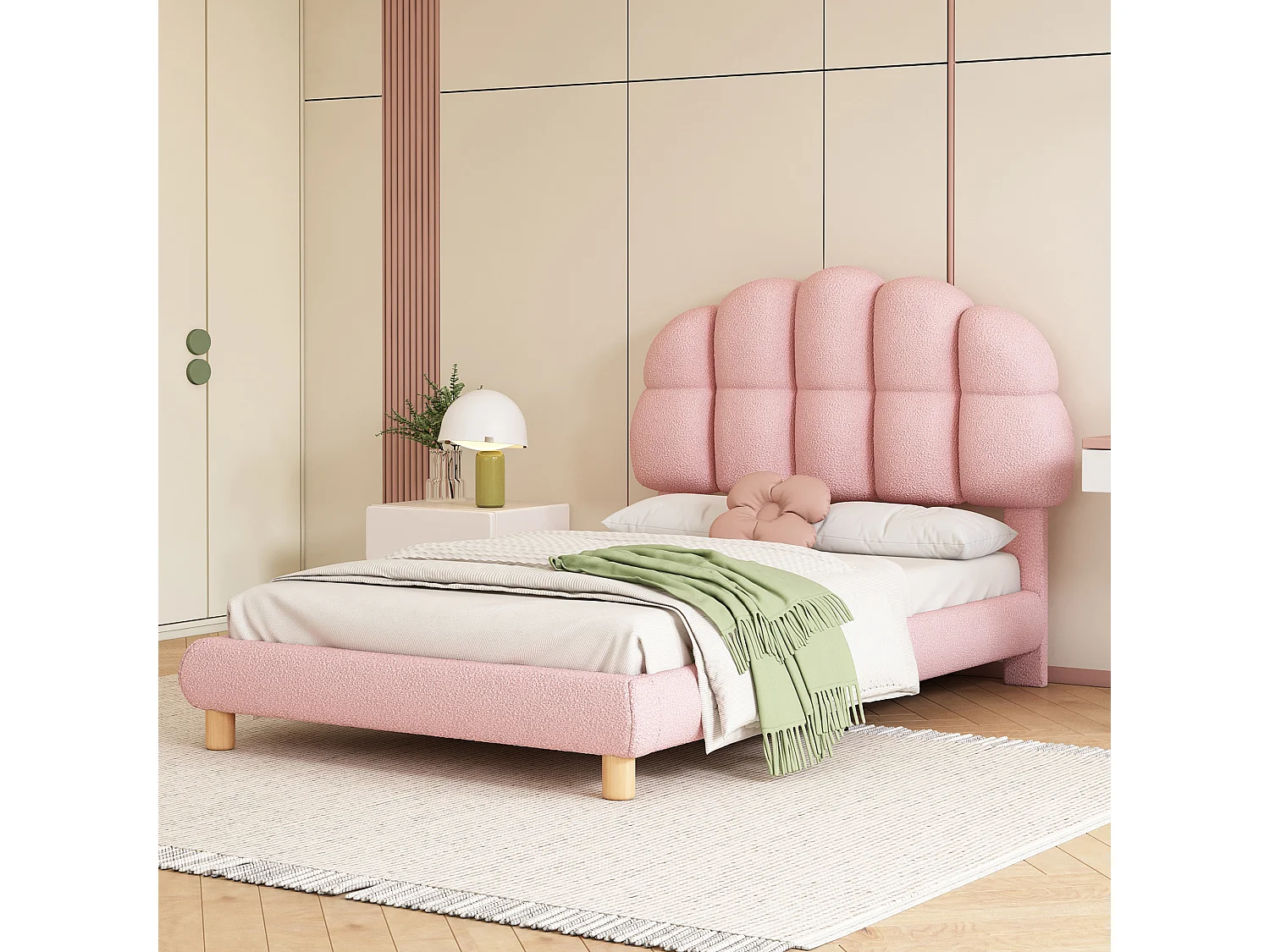 Lit simple pour enfant 90 x 200 cm, lit rembourré, sommier en bois, revêtement imitation feutre, rose