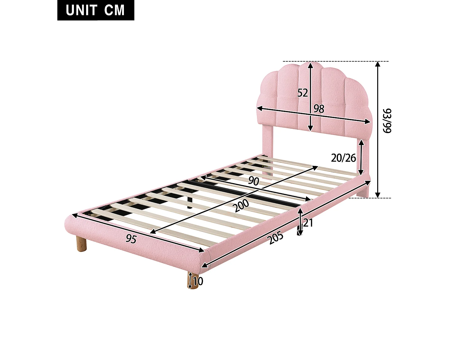 Lit simple pour enfant 90 x 200 cm, lit rembourré, sommier en bois, revêtement imitation feutre, rose