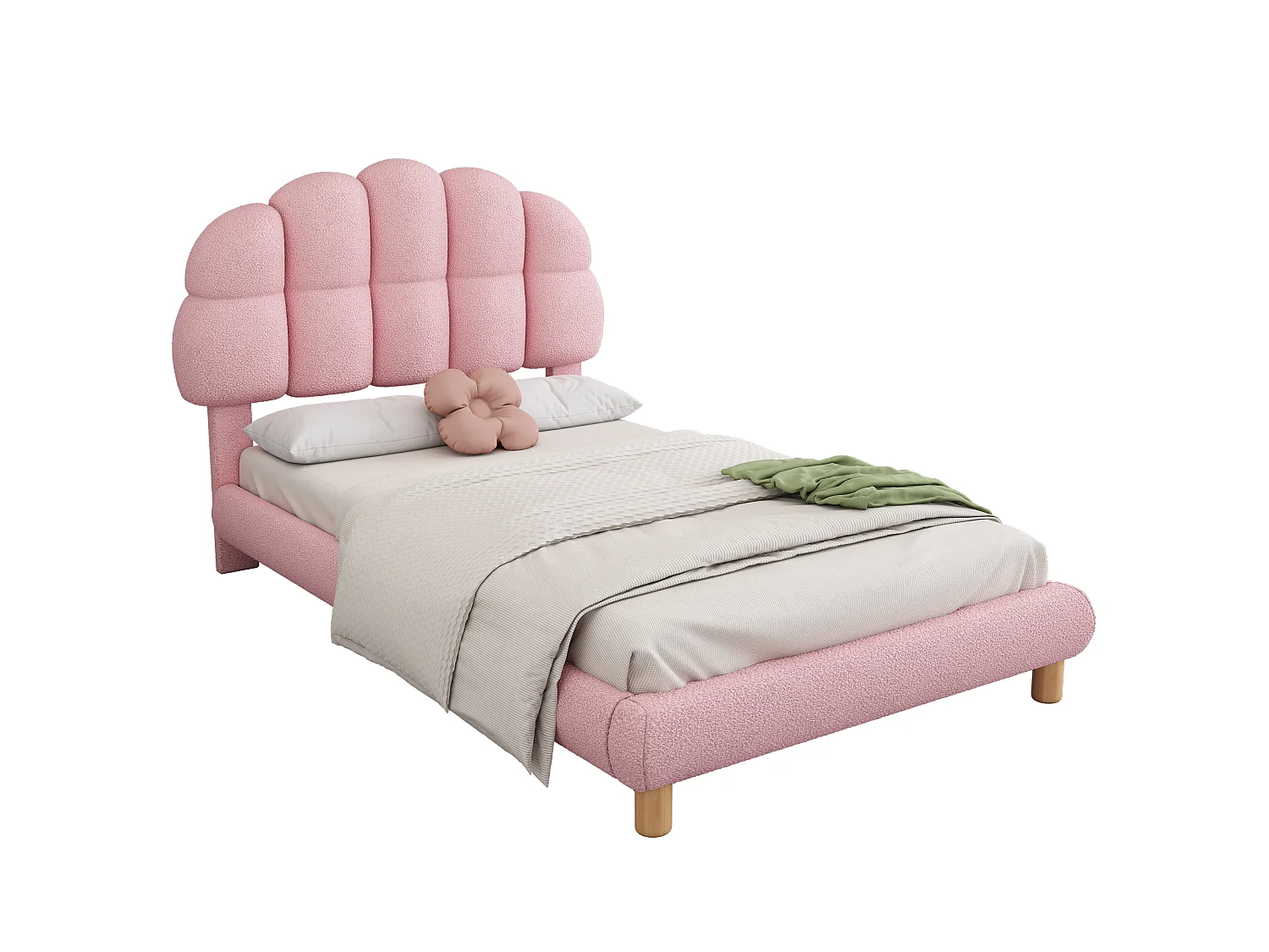 Lit simple pour enfant 90 x 200 cm, lit rembourré, sommier en bois, revêtement imitation feutre, rose