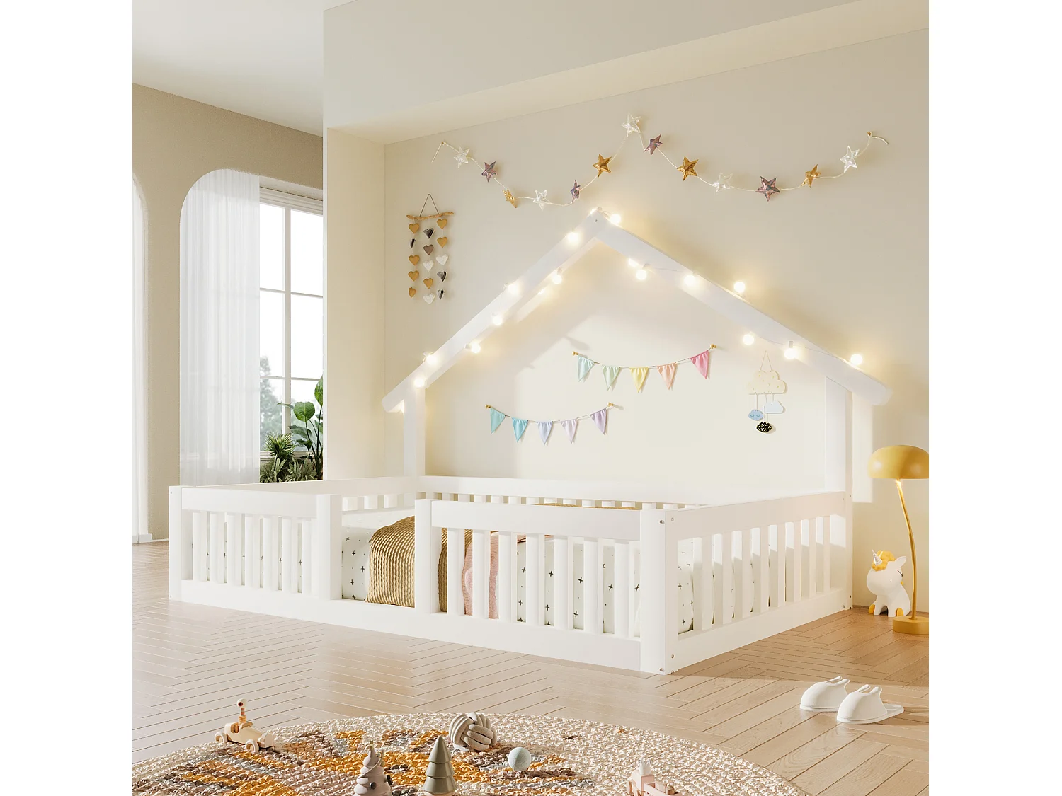 Cama infantil 90 x 200 cm, em madeira, com dispositivo anti-queda, guirlanda luminosa LED e grades de segurança, branca