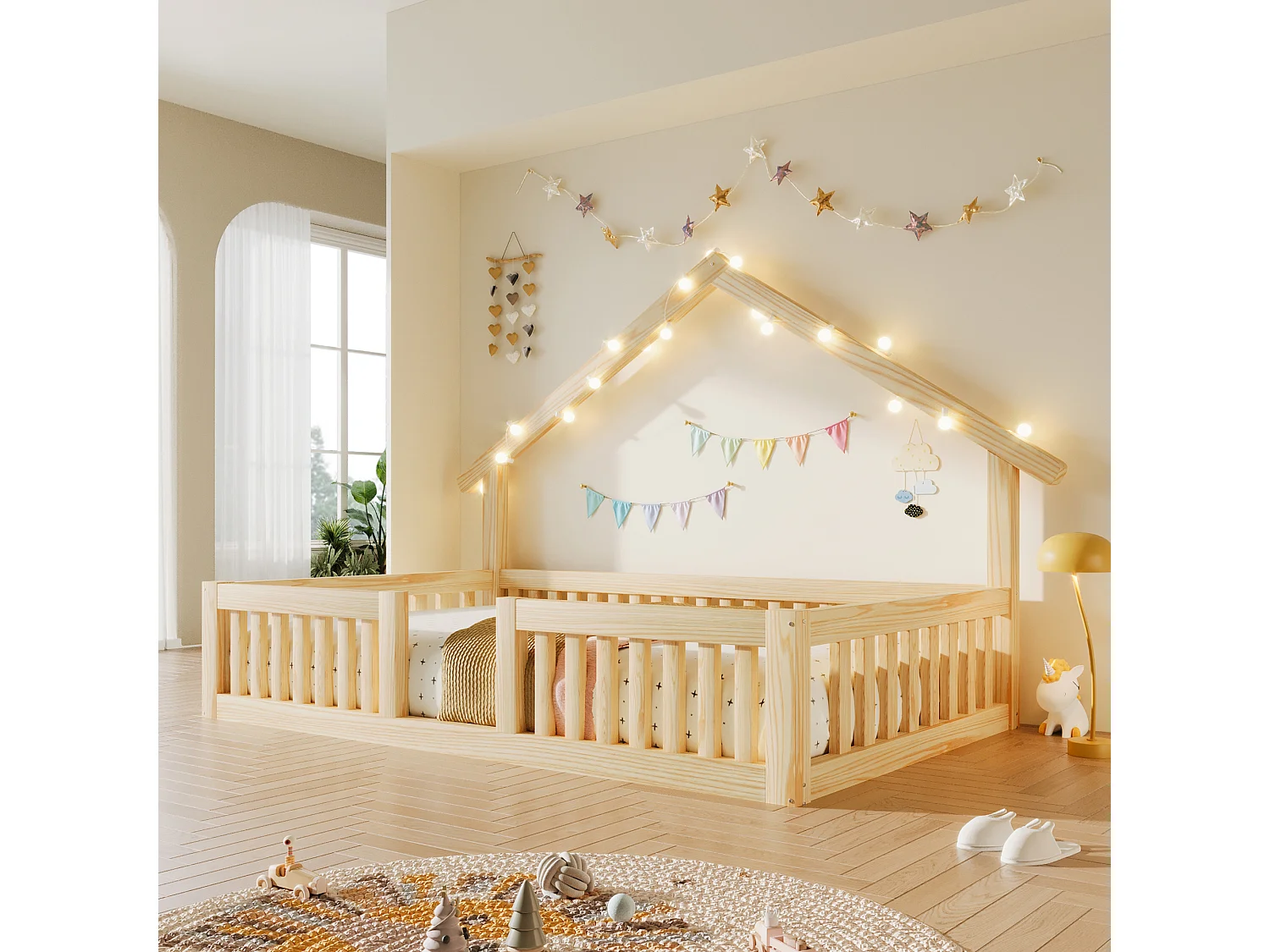 Lit d'enfant 90 x 200 cm, en bois, avec dispositif anti-chute, guirlande lumineuse LED et barrières de sécurité, couleur naturelle