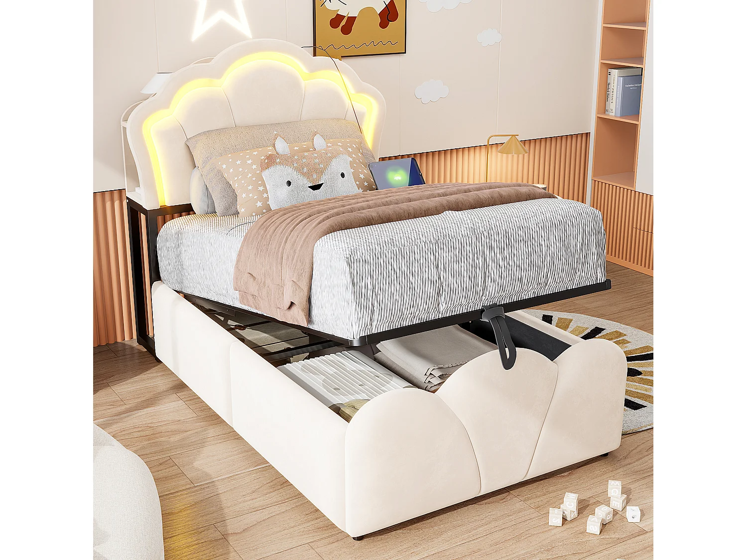 Lit rembourré pour enfant 90 × 200 cm, avec éclairage LED, rangements intégrés, revêtement en velours,beige