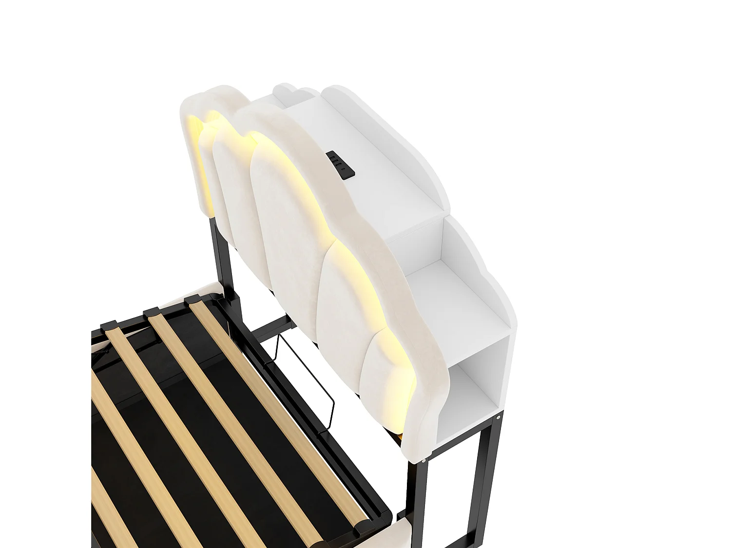 Lit rembourré pour enfant 90 × 200 cm, avec éclairage LED, rangements intégrés, revêtement en velours,beige