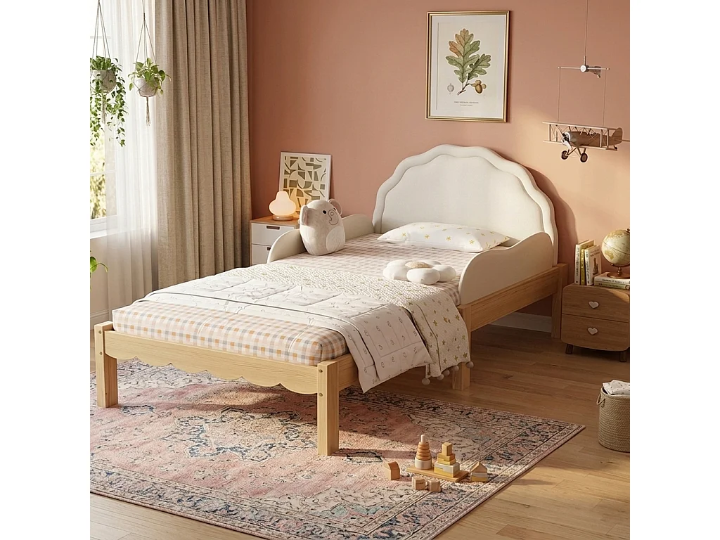 Lit simple pour enfant 90 x 200 cm, tête de lit en PU, barrières latérales, sommier à lattes robuste, beige