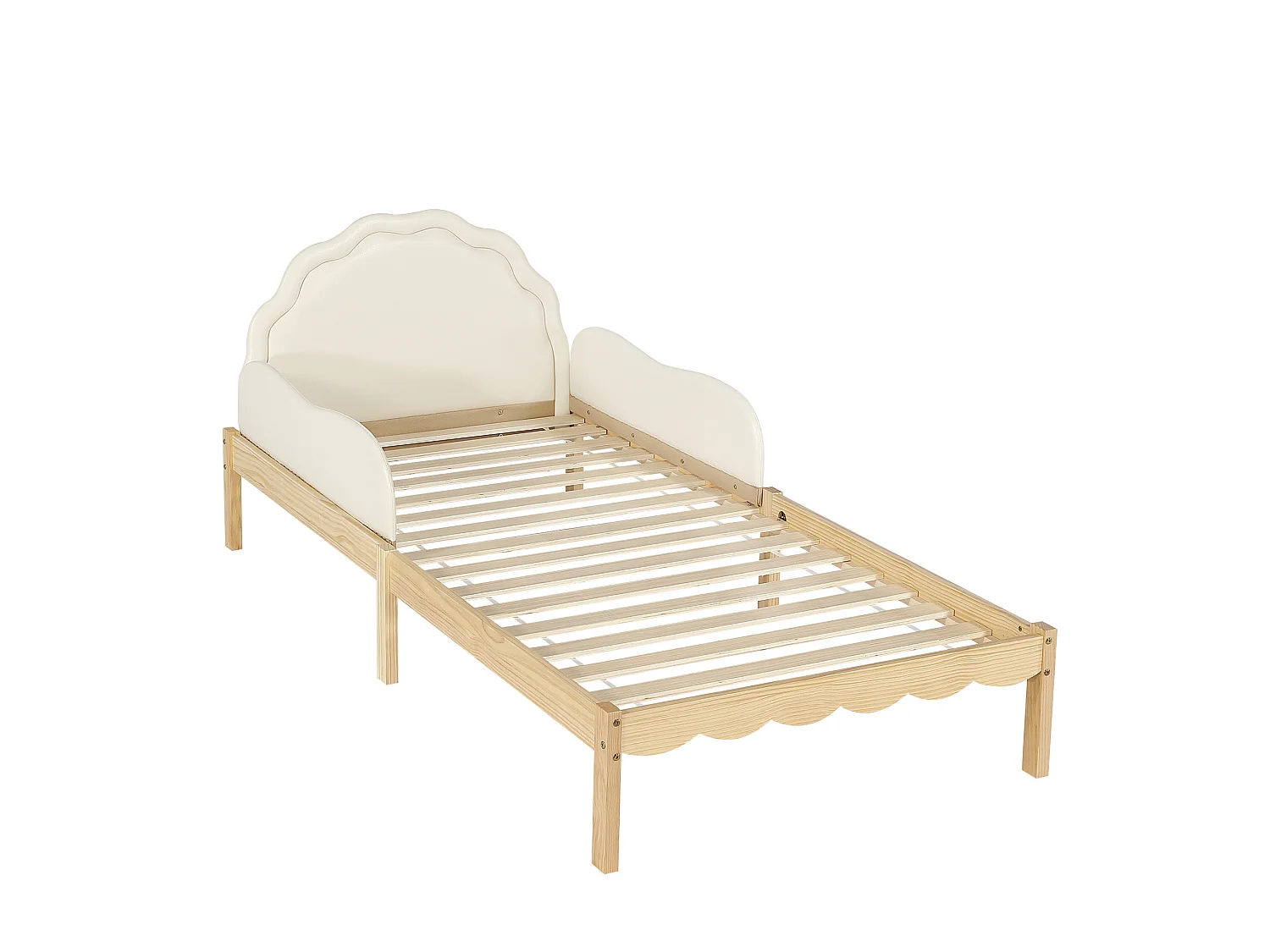 Lit simple pour enfant 90 x 200 cm, tête de lit en PU, barrières latérales, sommier à lattes robuste, beige