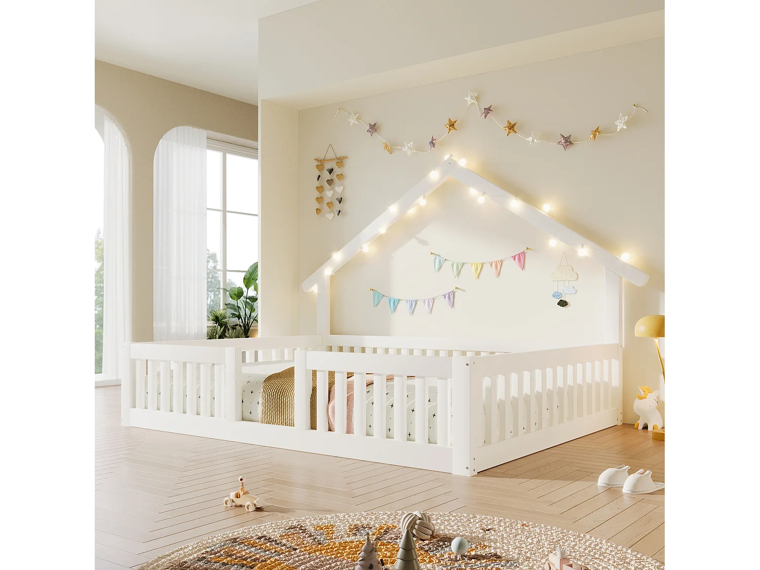 Cama infantil 140 x 200 cm, em madeira, com dispositivo anti-queda, guirlanda luminosa LED e grades de segurança, branca