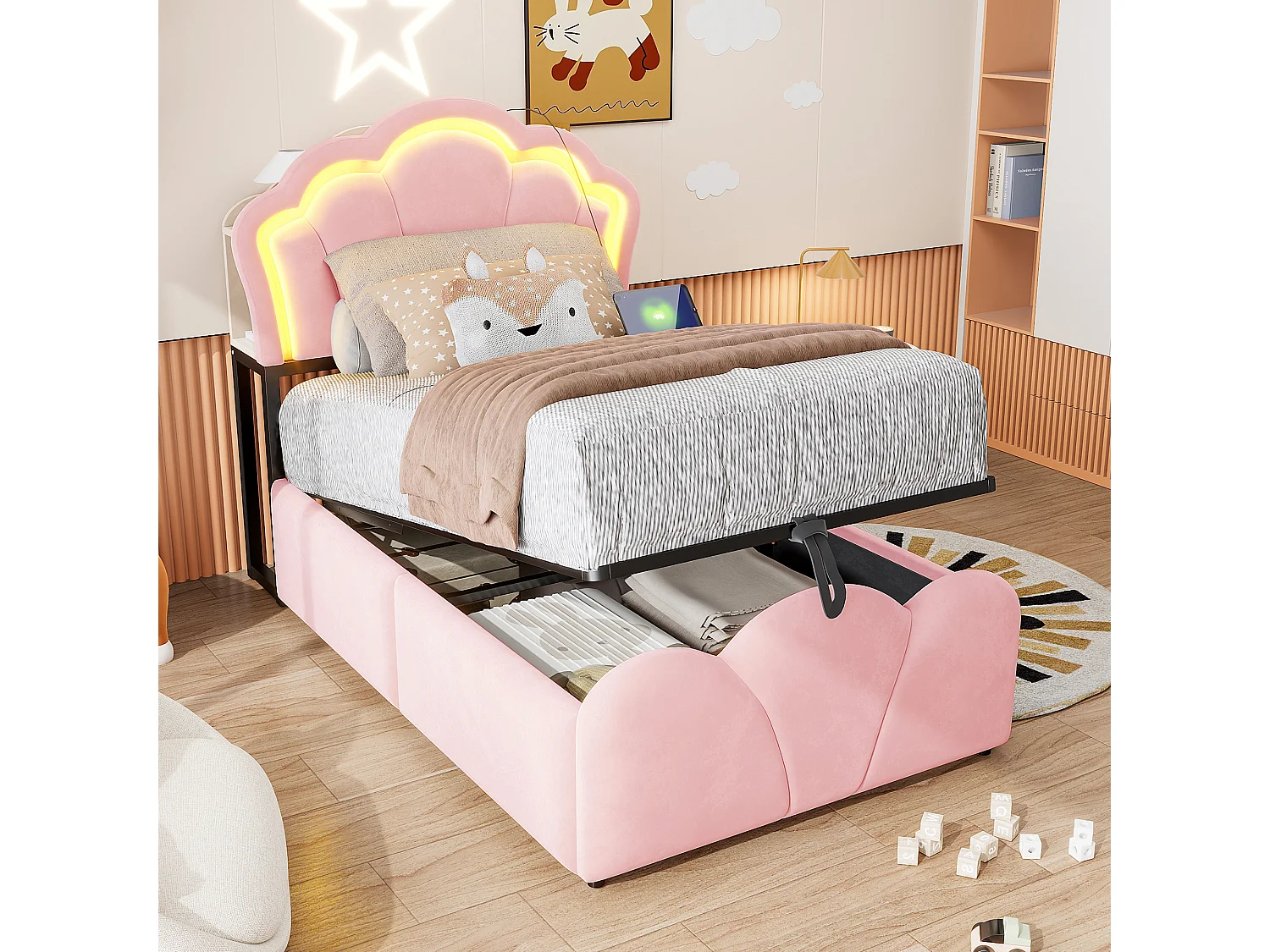 Lit rembourré pour enfant 90 × 200 cm, avec éclairage LED, rangements intégrés, revêtement en velours,rose
