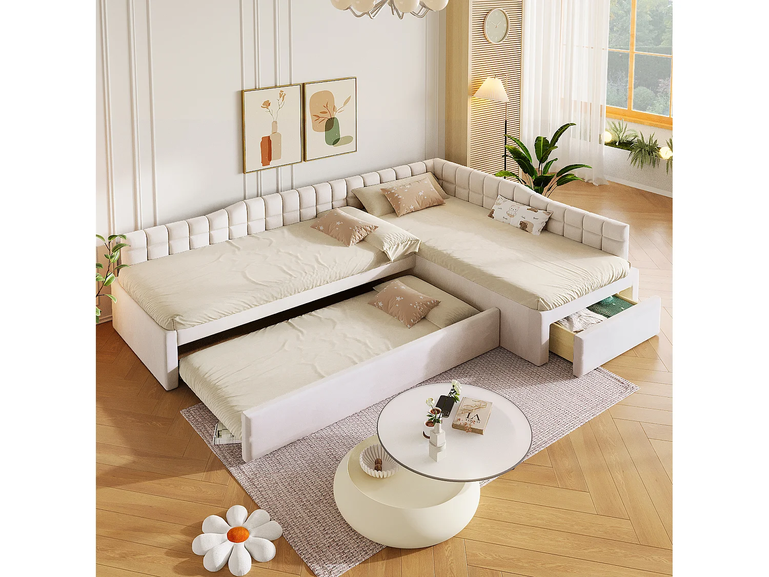 Lit rembourré pour enfant en L, 90 x 200, avec lit gigogne, tiroirs et revêtement en velours doux, beige