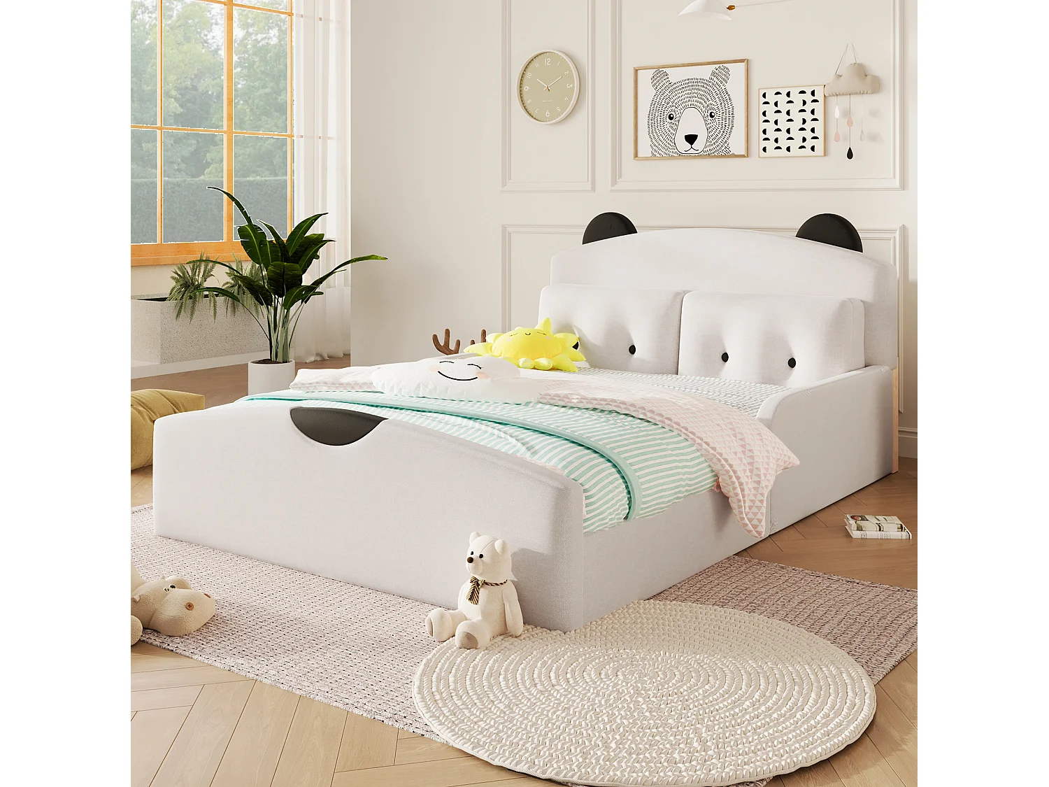 Lit d'enfant 140 x 200, avec housse de lit en lin, motif ours, comprenant 2 coussins décoratifs, en lin, blanc