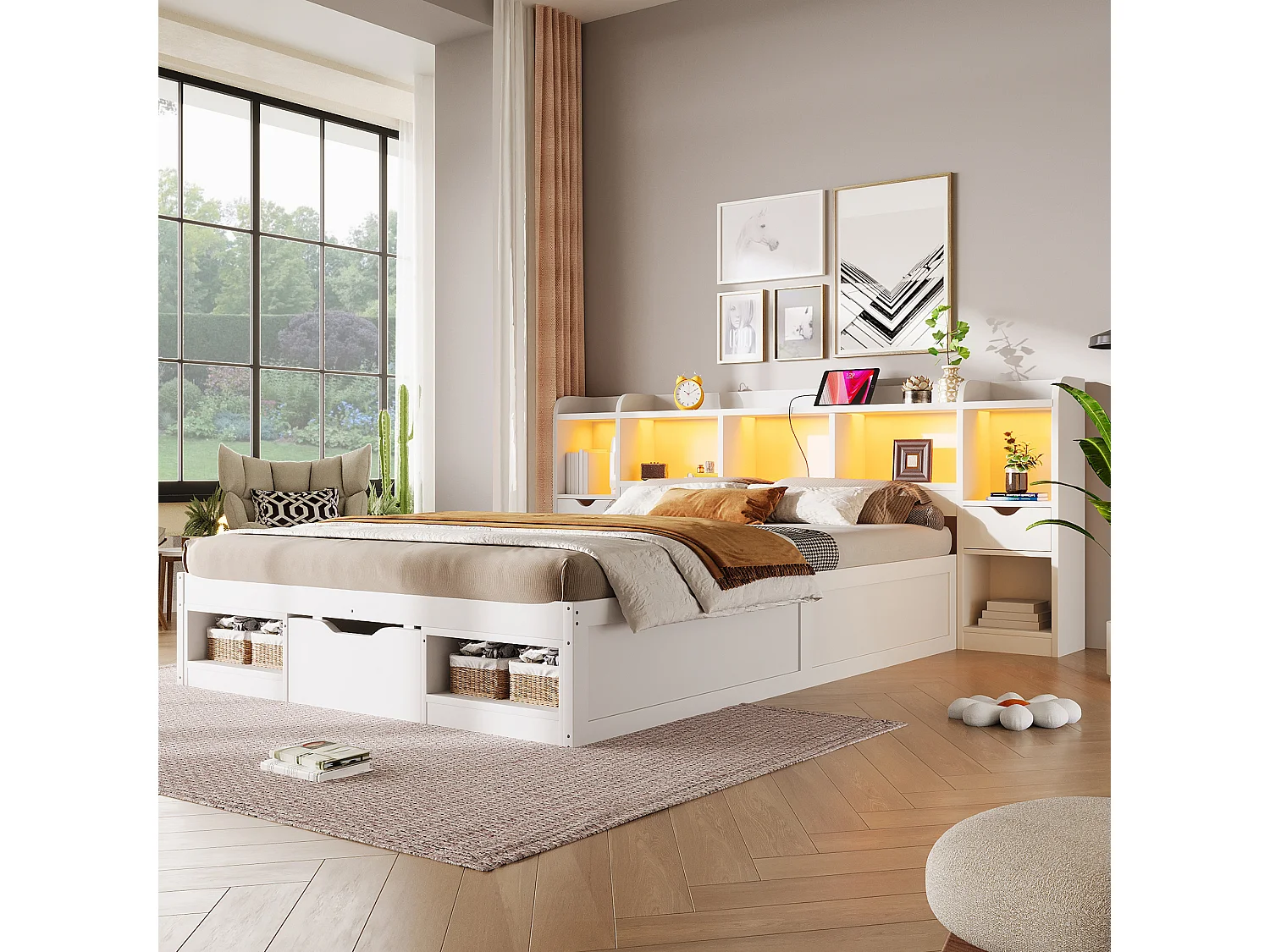 Lit adulte 140 x 200 cm, avec 3 tiroirs, plusieurs compartiments de rangement, une bande lumineuse LED et des ports USB, blanc