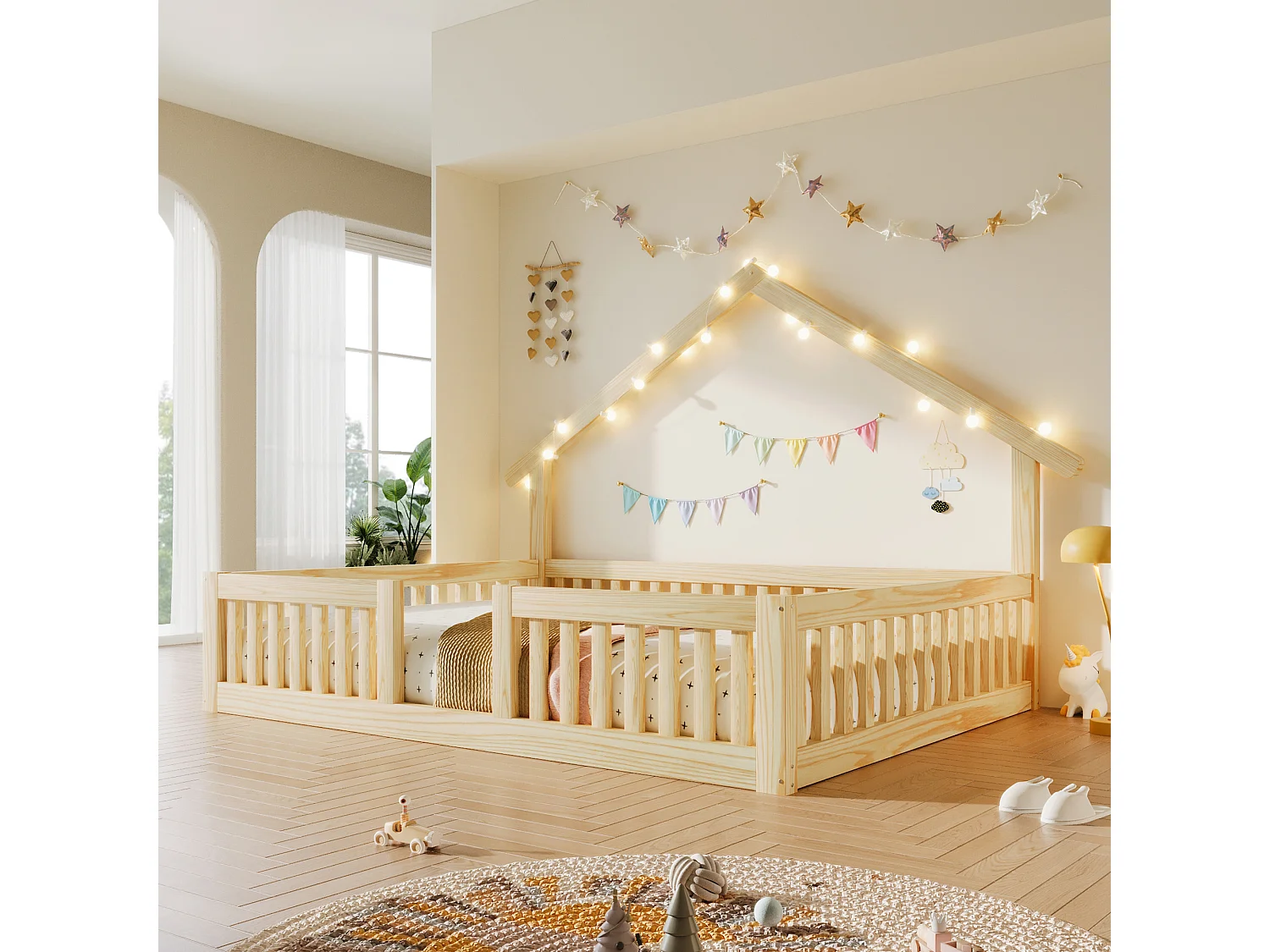 Cama infantil 140 x 200 cm, em madeira, com dispositivo anti-queda, guirlanda luminosa LED e grades de segurança, cor natural