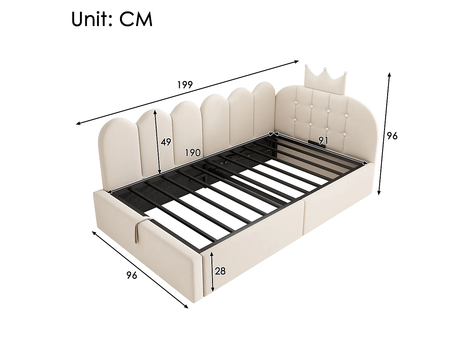 Canapé-lit rembourré 90 x 190 cm, avec espace de rangement, en L, orné d'un motif en treillis en forme de couronne, en velours,  beige