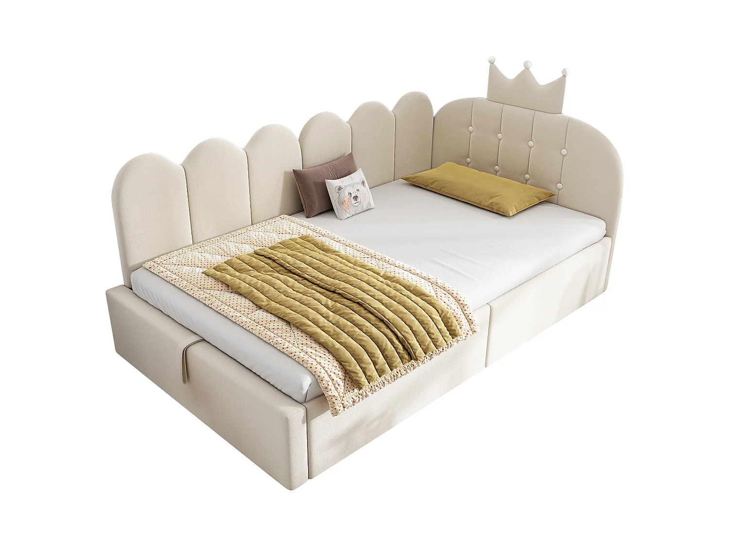 Canapé-lit rembourré 90 x 190 cm, avec espace de rangement, en L, orné d'un motif en treillis en forme de couronne, en velours,  beige