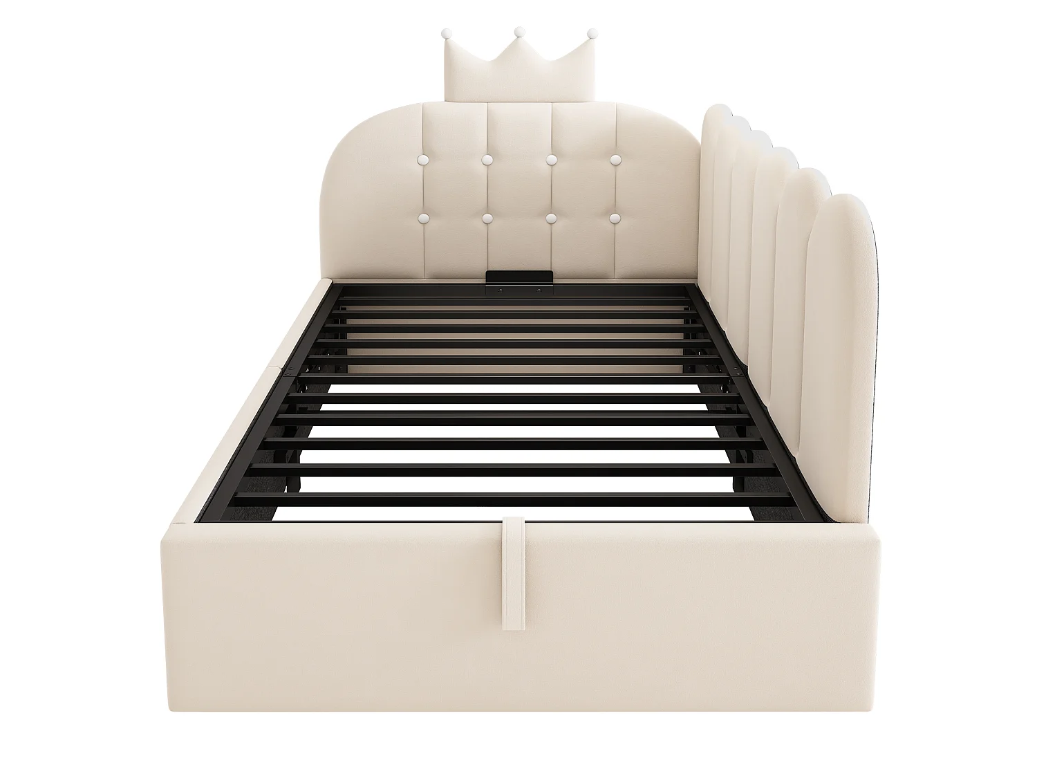 Canapé-lit rembourré 90 x 190 cm, avec espace de rangement, en L, orné d'un motif en treillis en forme de couronne, en velours,  beige
