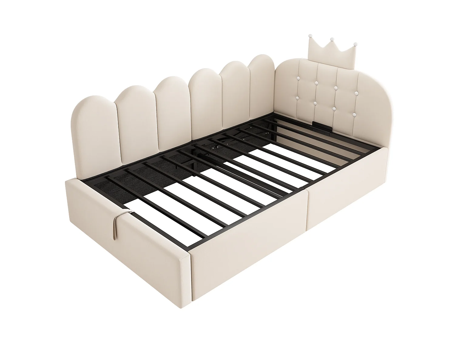 Canapé-lit rembourré 90 x 190 cm, avec espace de rangement, en L, orné d'un motif en treillis en forme de couronne, en velours,  beige