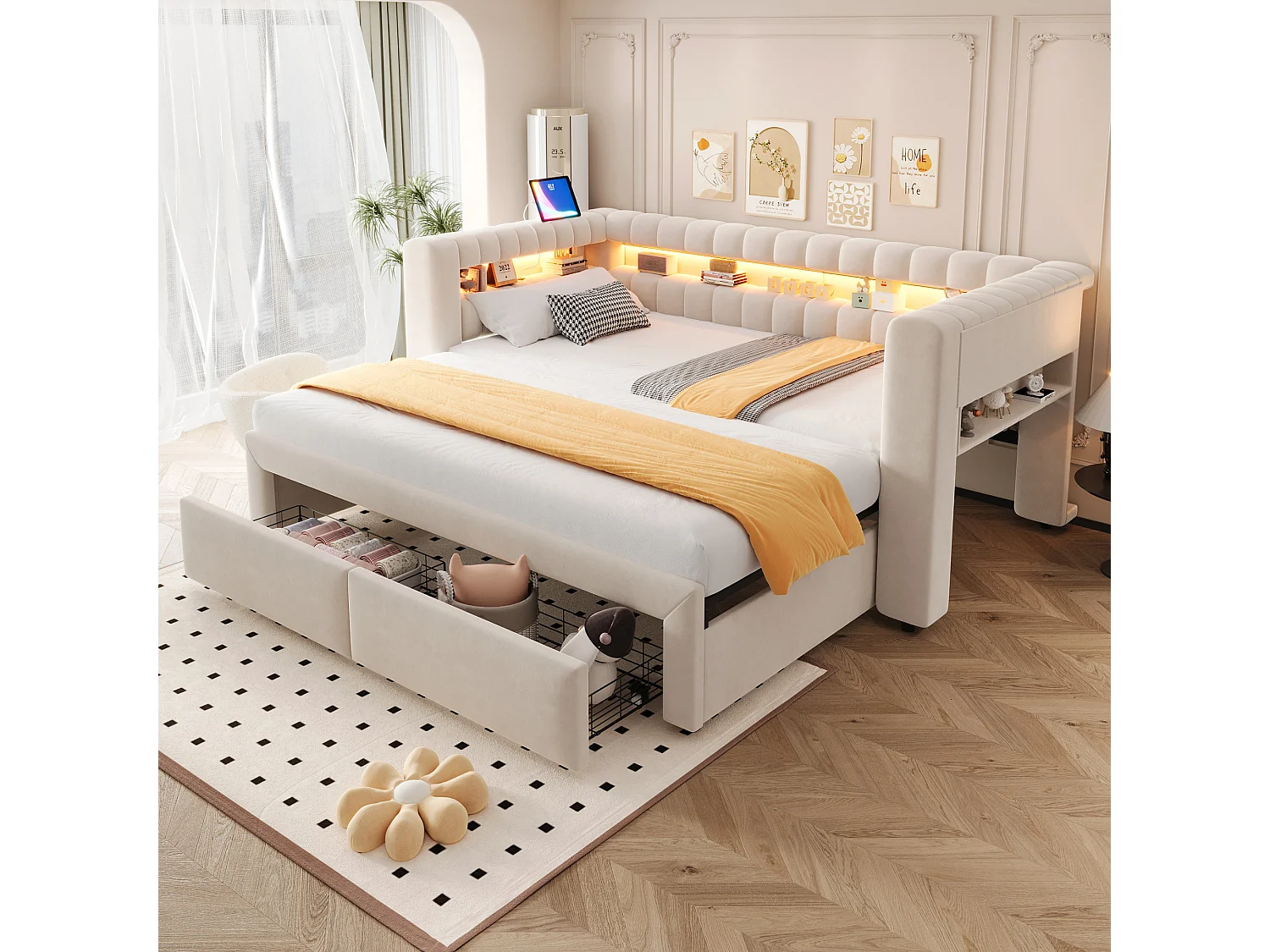 Canapé-lit 90/180 × 190 cm, avec lit coulissant et tiroirs, rangements intégrés, éclairage LED, ports USB et Type-C, velours, beige