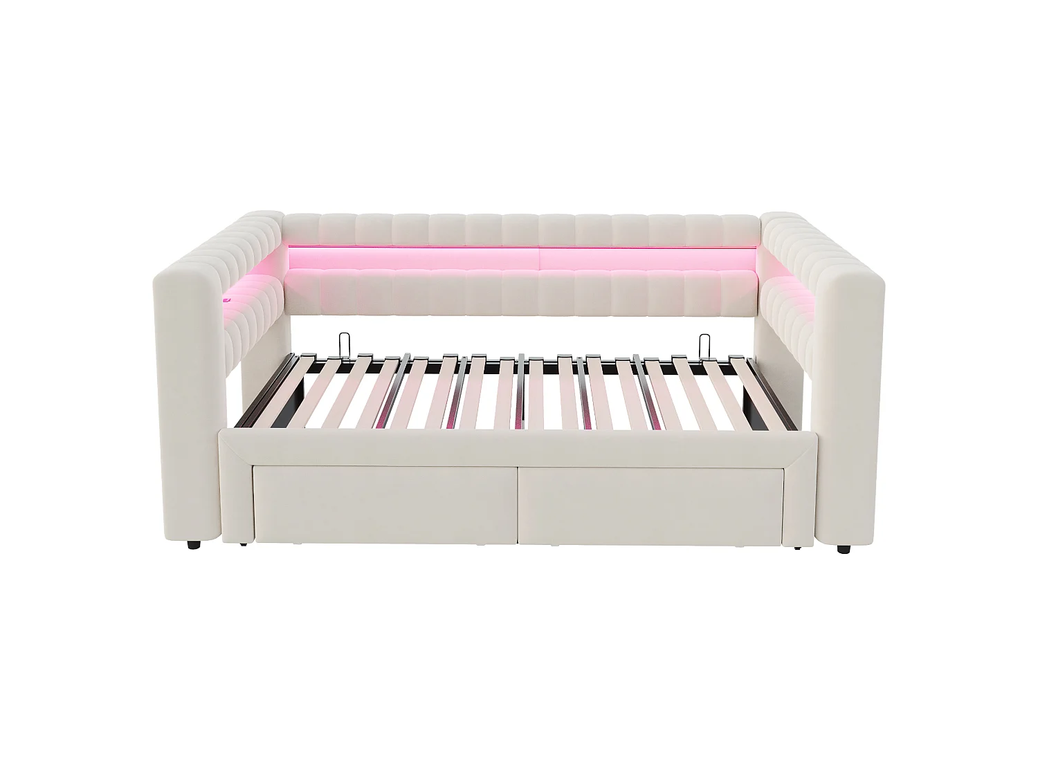 Canapé-lit 90/180 × 190 cm, avec lit coulissant et tiroirs, rangements intégrés, éclairage LED, ports USB et Type-C, velours, beige