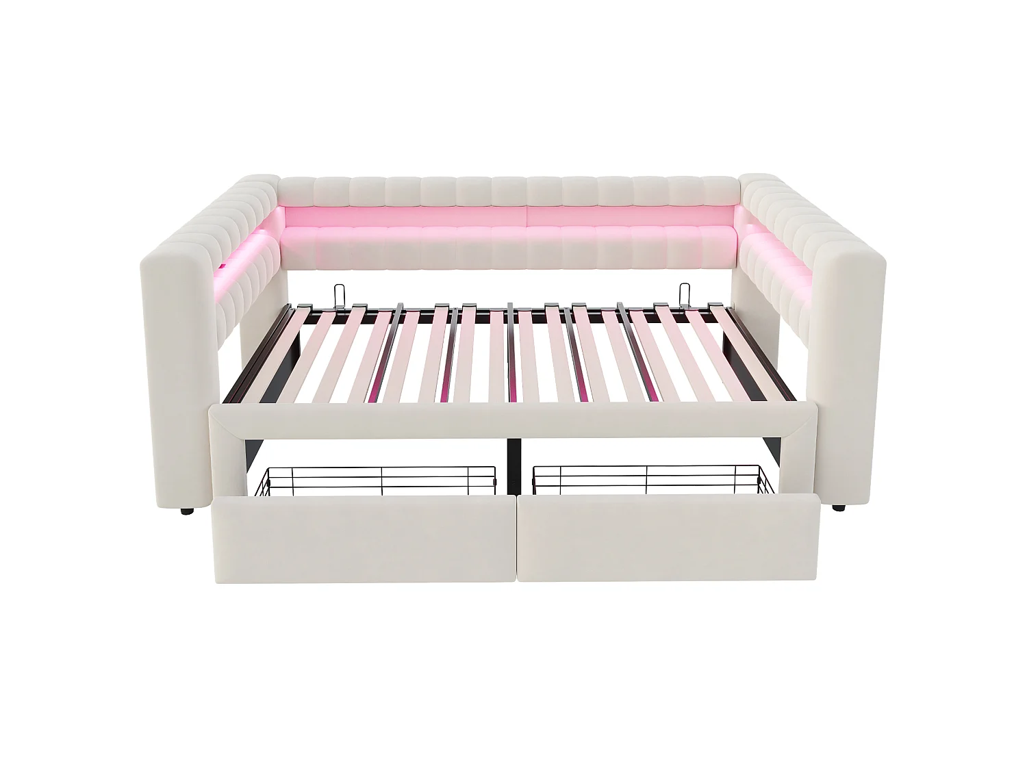 Canapé-lit 90/180 × 190 cm, avec lit coulissant et tiroirs, rangements intégrés, éclairage LED, ports USB et Type-C, velours, beige
