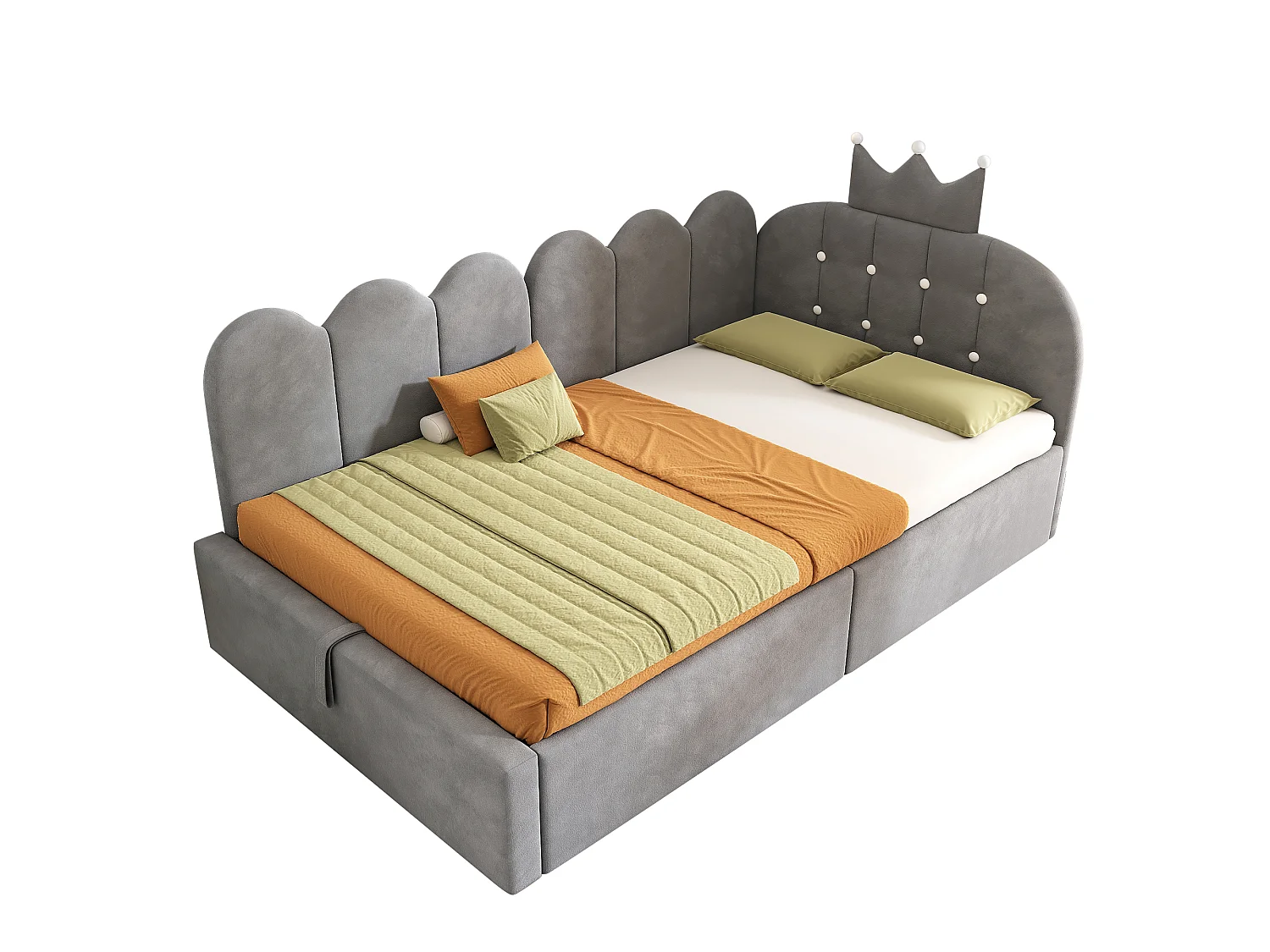 Canapé-lit rembourré 90 x 190 cm, avec espace de rangement, en L, orné d'un motif en treillis en forme de couronne, en velours,  gris