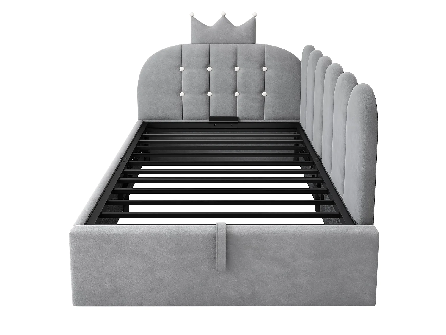 Canapé-lit rembourré 90 x 190 cm, avec espace de rangement, en L, orné d'un motif en treillis en forme de couronne, en velours,  gris