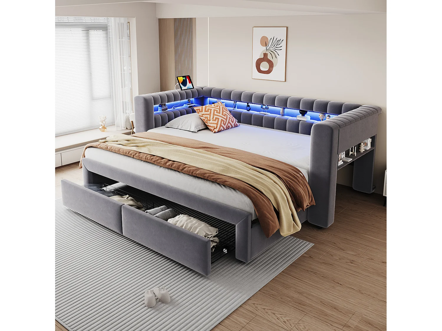 Canapé-lit 90/180 × 190 cm, avec lit coulissant et tiroirs, rangements intégrés, éclairage LED, ports USB et Type-C, velours, gris foncé