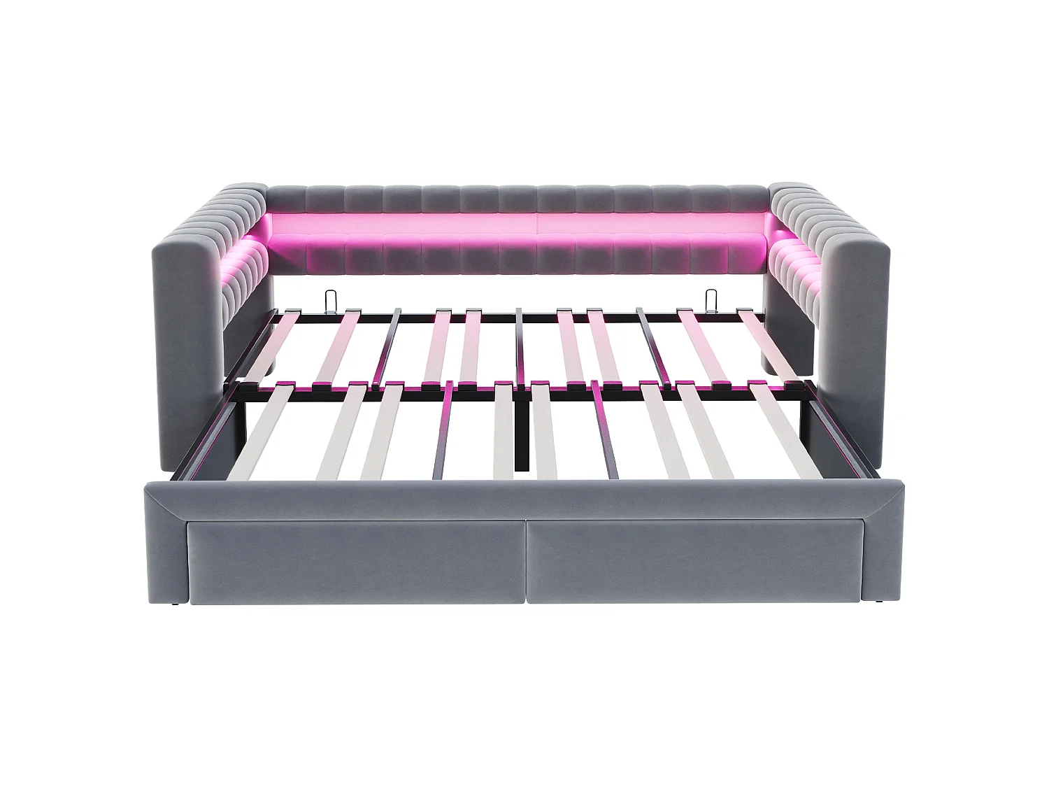 Canapé-lit 90/180 × 190 cm, avec lit coulissant et tiroirs, rangements intégrés, éclairage LED, ports USB et Type-C, velours, gris foncé