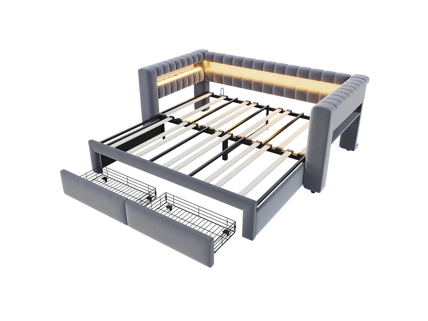 Canapé-lit 90/180 × 190 cm, avec lit coulissant et tiroirs, rangements intégrés, éclairage LED, ports USB et Type-C, velours, gris foncé