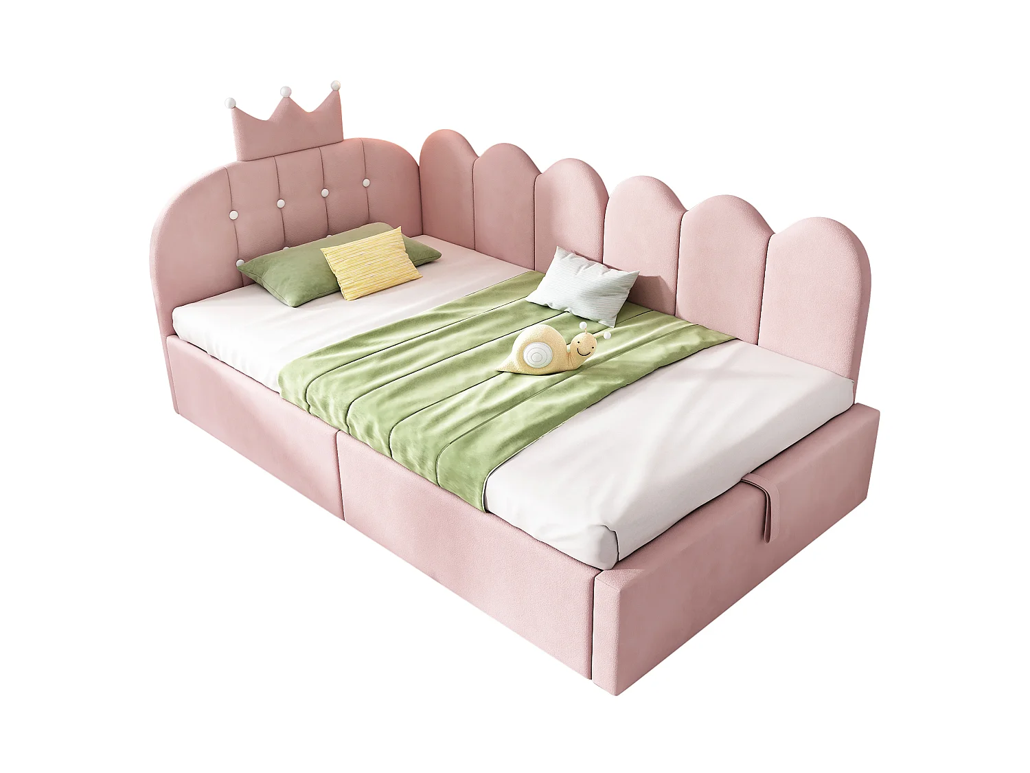 Canapé-lit rembourré 90 x 200 cm, avec espace de rangement, en L, orné d'un motif en treillis en forme de couronne, en velours,  rose