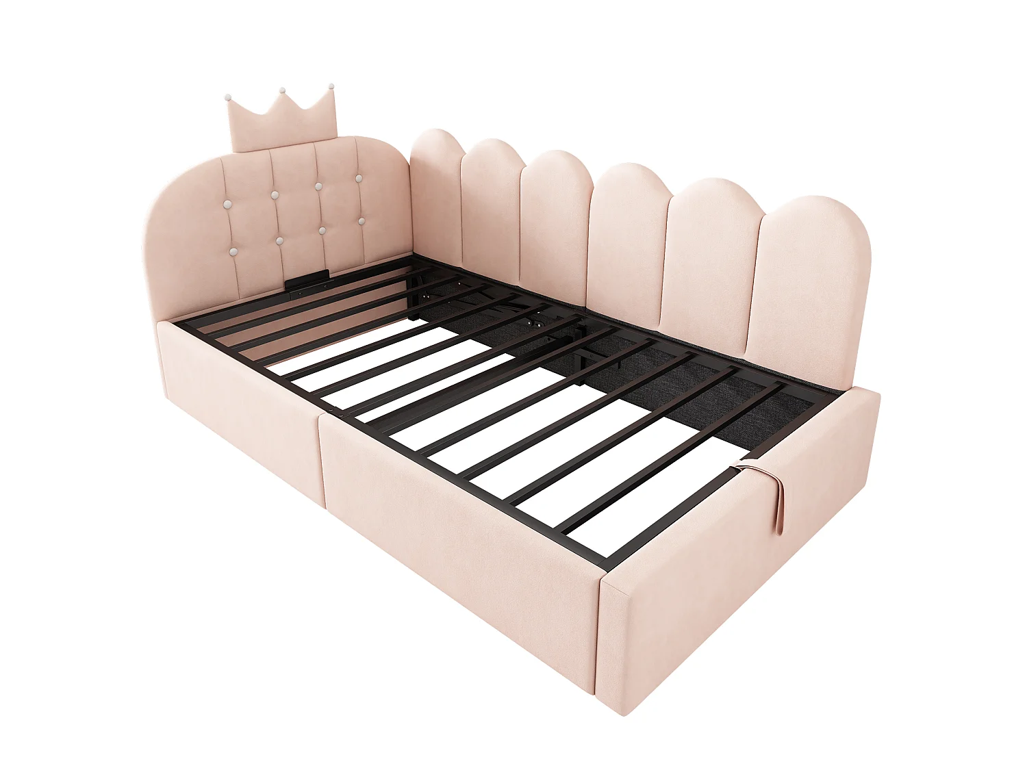 Canapé-lit rembourré 90 x 200 cm, avec espace de rangement, en L, orné d'un motif en treillis en forme de couronne, en velours,  rose