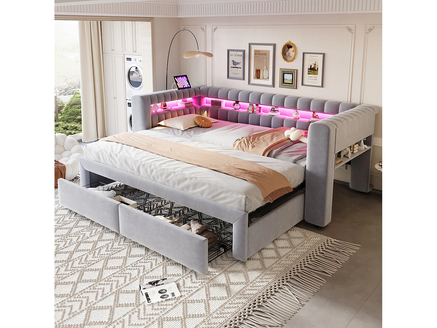 Canapé-lit 90/180 × 190 cm, avec lit coulissant et tiroirs, rangements intégrés, éclairage LED, ports USB et Type-C, velours, gris clair