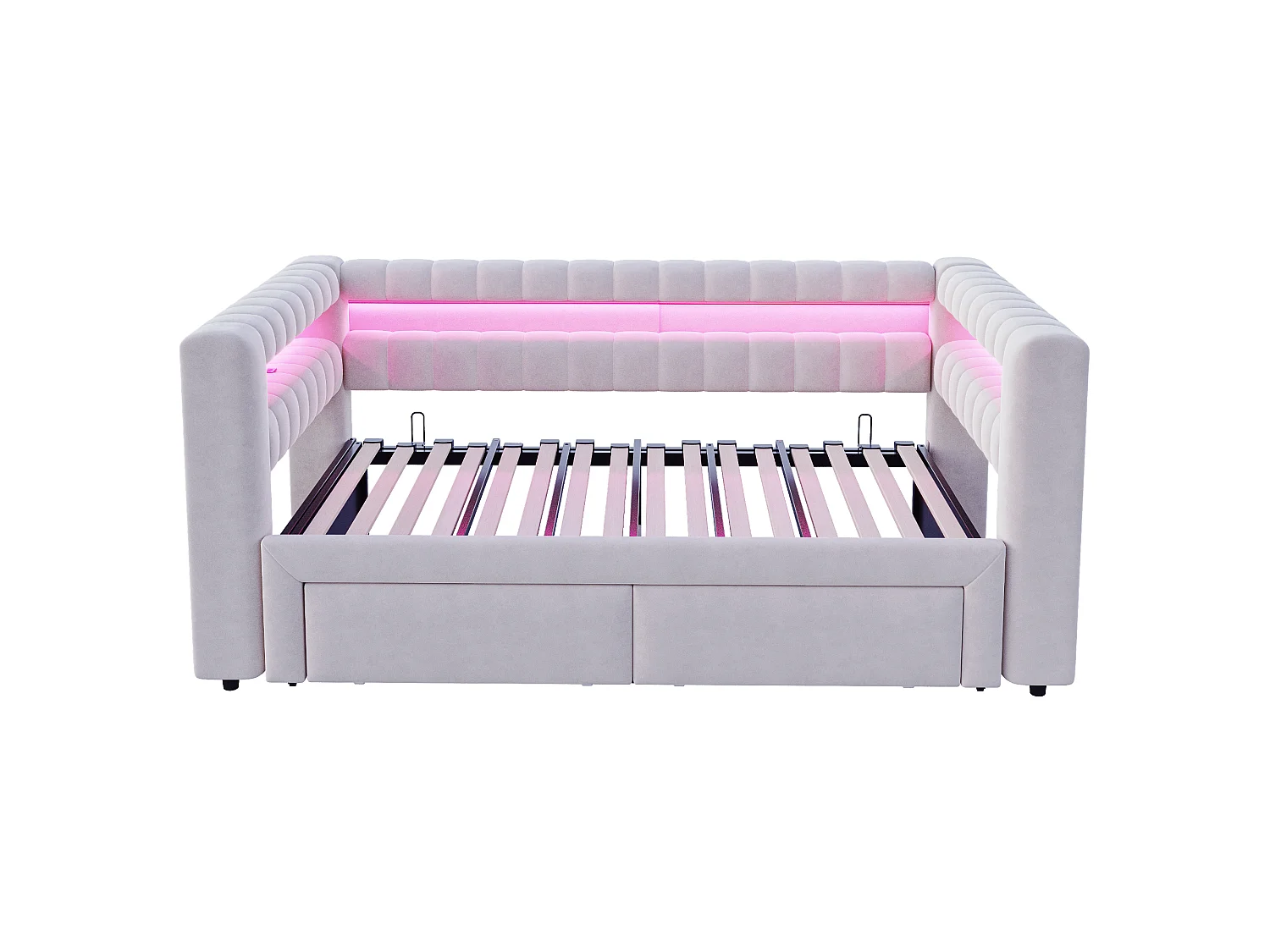 Canapé-lit 90/180 × 190 cm, avec lit coulissant et tiroirs, rangements intégrés, éclairage LED, ports USB et Type-C, velours, gris clair