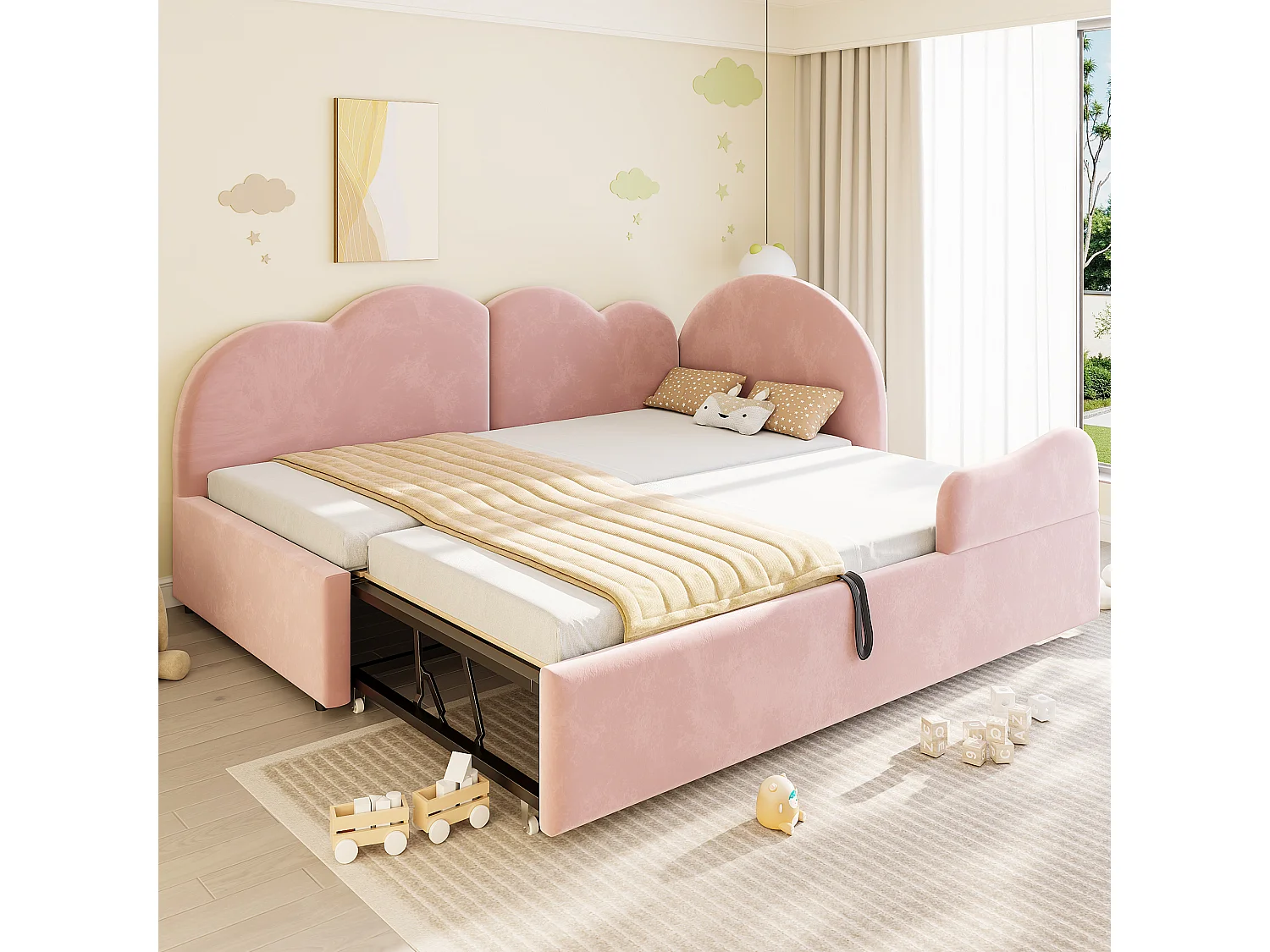 Canapé-lit en L rembourré à déplier (90 × 200 + 90 × 190), tête de lit en forme de nuage, velours, rose