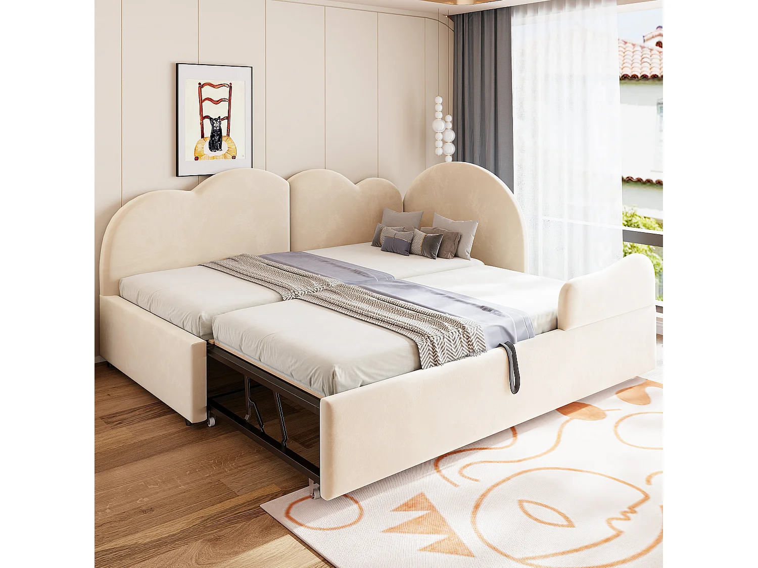 Canapé-lit en L rembourré à déplier (90 × 200 + 90 × 190), tête de lit en forme de nuage, velours, beige