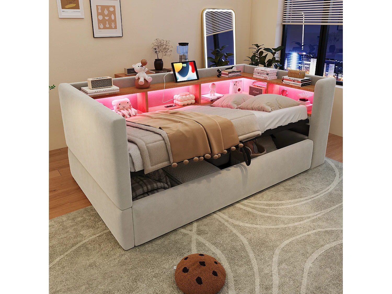 Canapé - lit 90×190 cm avec rangement hydraulique, équipé de lampes LED, prises électriques et treillis de rangement, gris clair