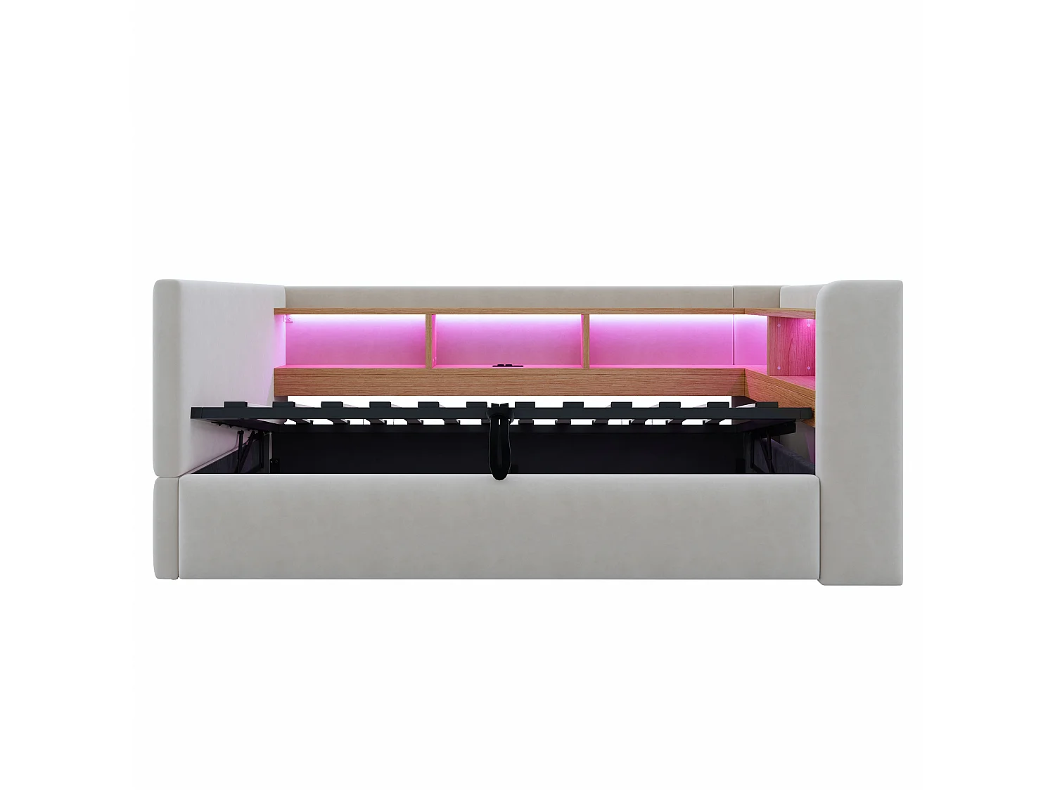 Canapé - lit 90×190 cm avec rangement hydraulique, équipé de lampes LED, prises électriques et treillis de rangement, gris clair