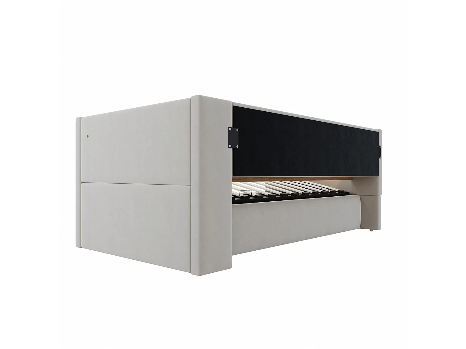 Canapé - lit 90×190 cm avec rangement hydraulique, équipé de lampes LED, prises électriques et treillis de rangement, gris clair